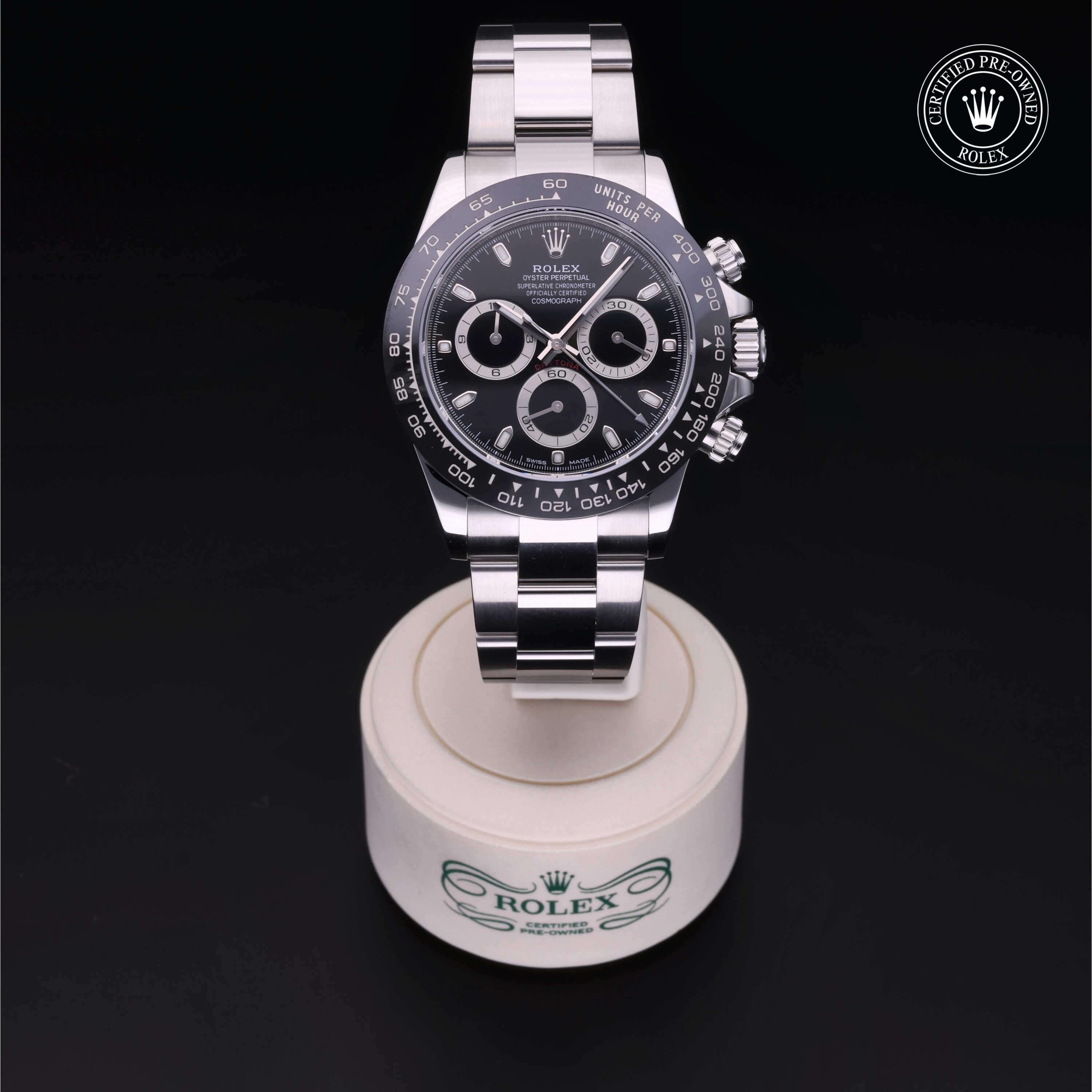Rolex Certified Pre-owned Daytona M116500LN-0002 front on black background