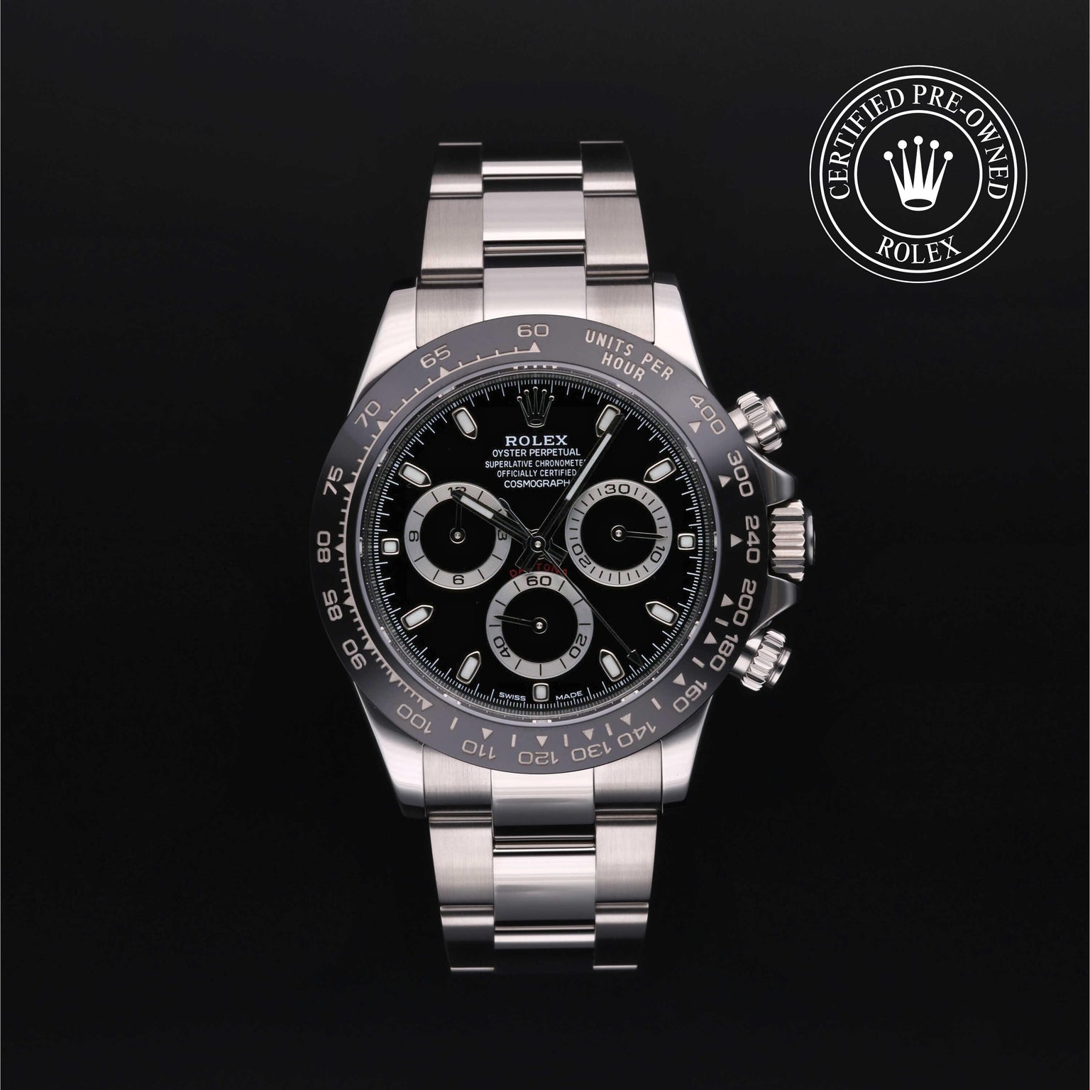 Rolex Certified Pre-owned Daytona M116500LN-0002 front on black background