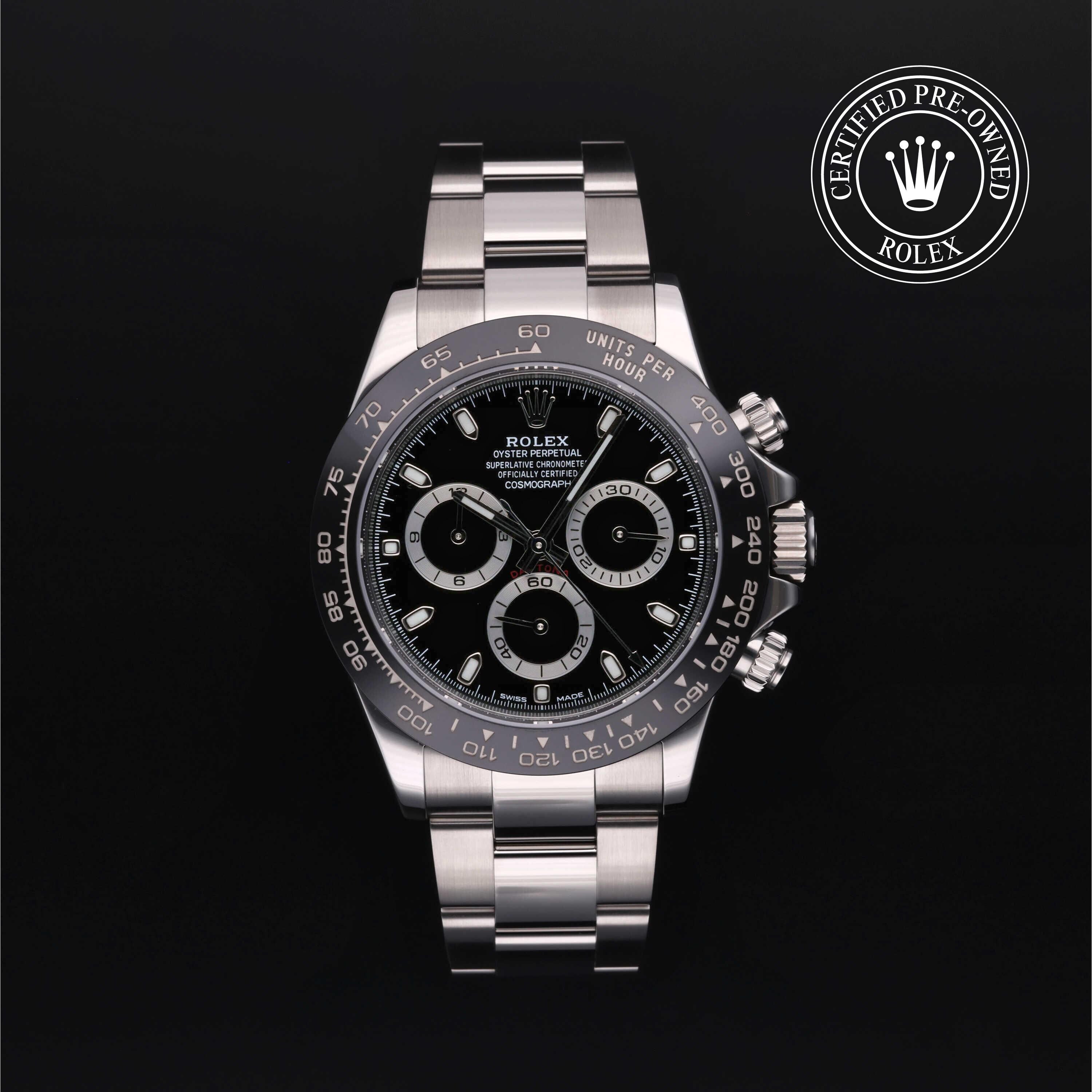 Rolex Certified Pre-owned Daytona M116500LN-0002 front on black background