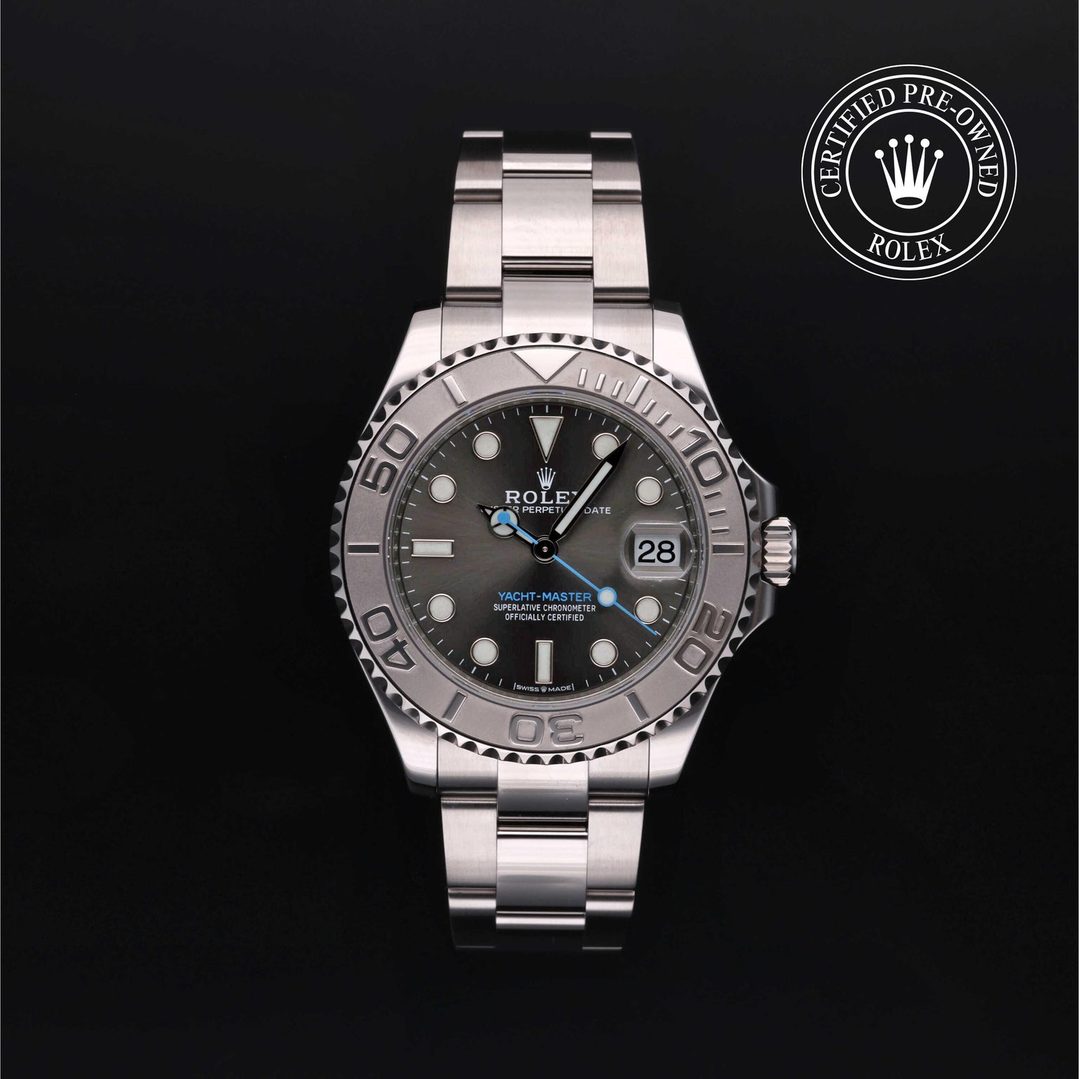 Rolex Certified Pre-owned Yacht-Master M268622-0002 front on black background