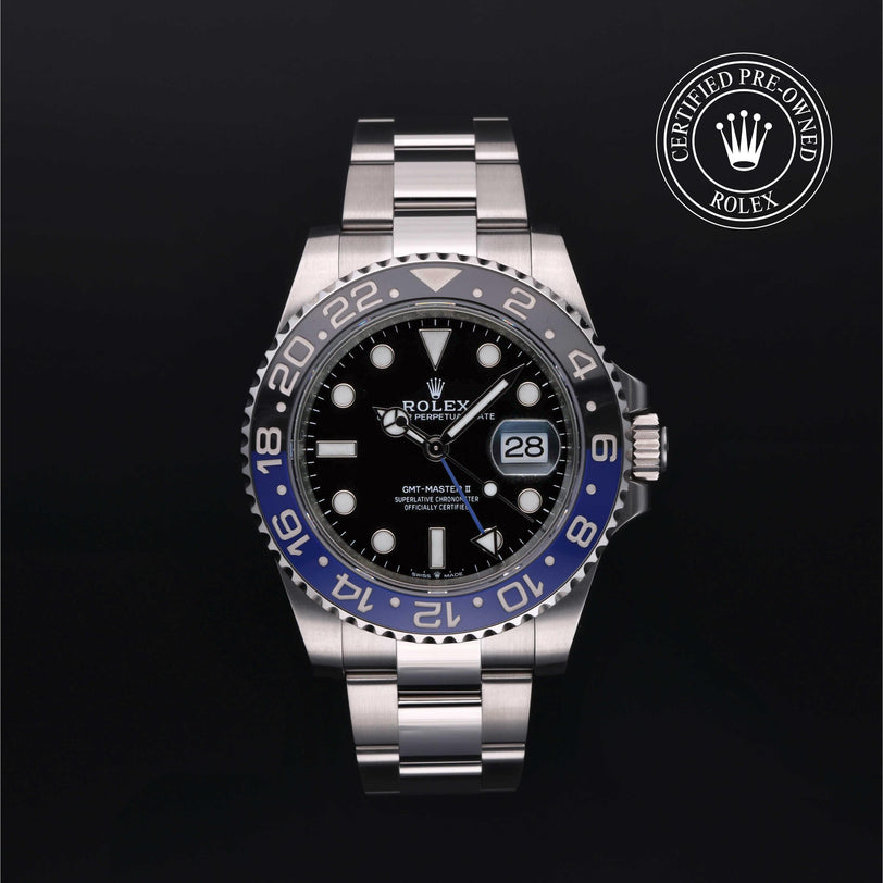 Rolex Certified Pre-owned GMT M126710BLNR-0003 front on black background