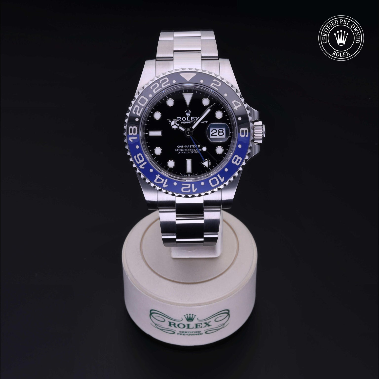 Rolex Certified Pre-owned GMT M126710BLNR-0003 front on black background