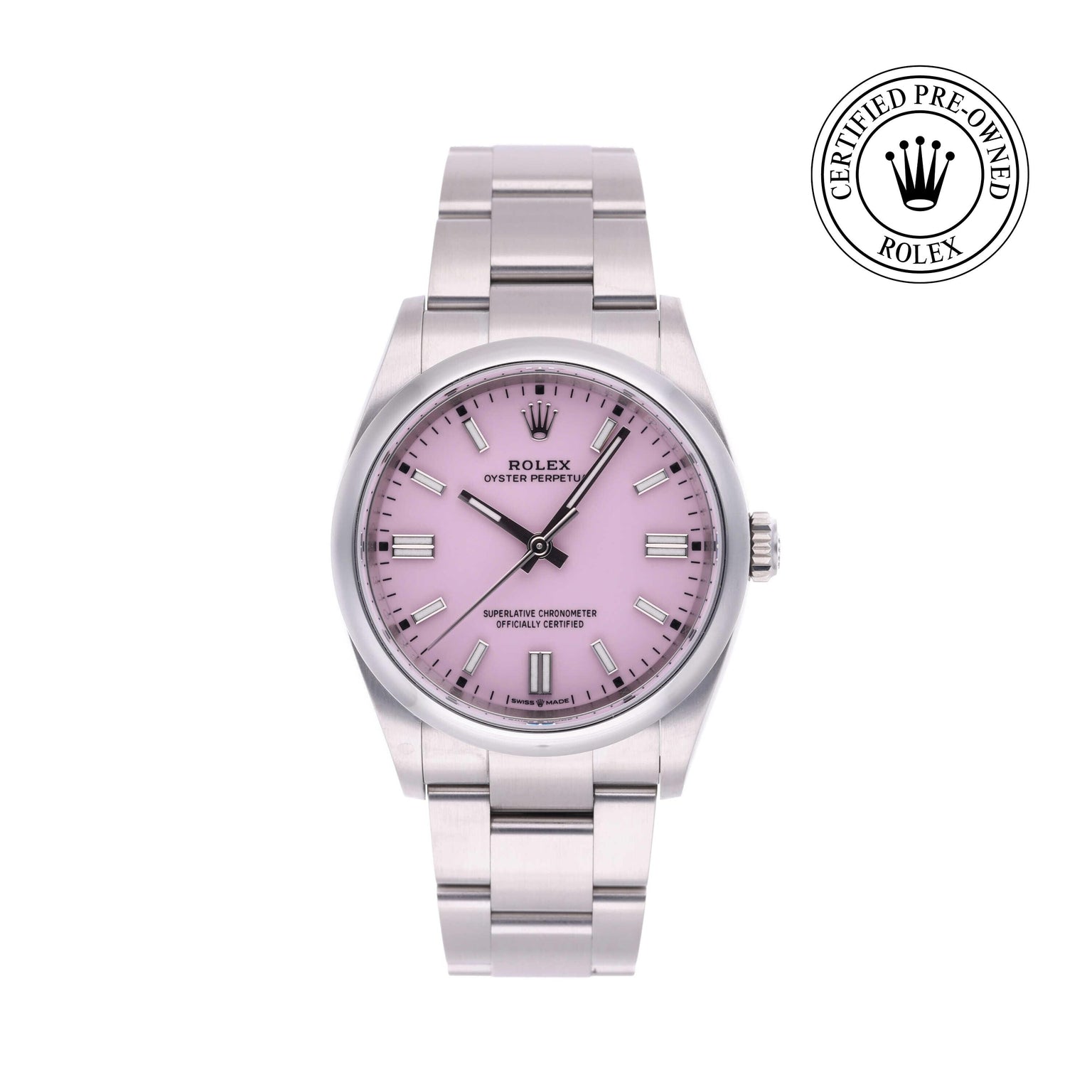 Rolex CPO Oyster Perpetual M126000 front on white background