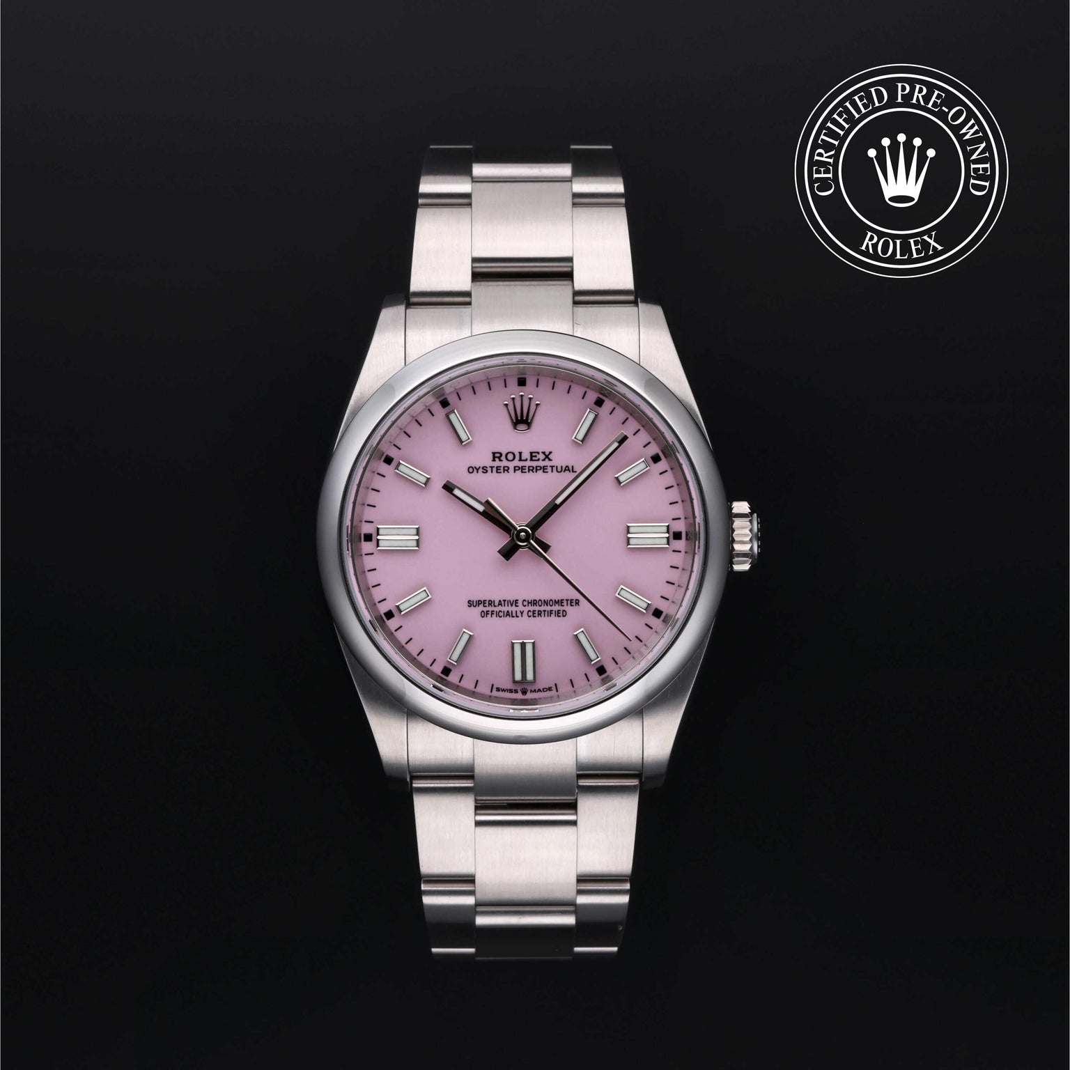Rolex Certified Pre-owned Oyster Perpetual M126000-0008 front on black background