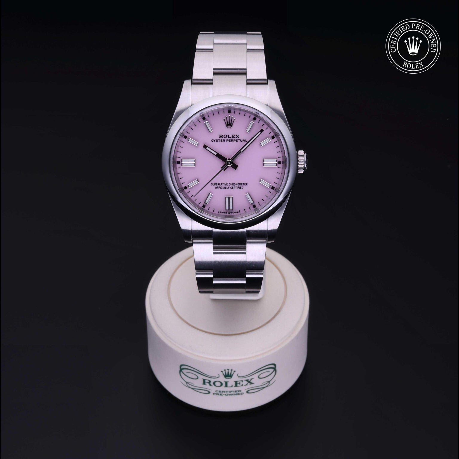 Rolex Certified Pre-owned Oyster Perpetual M126000-0008 front on black background