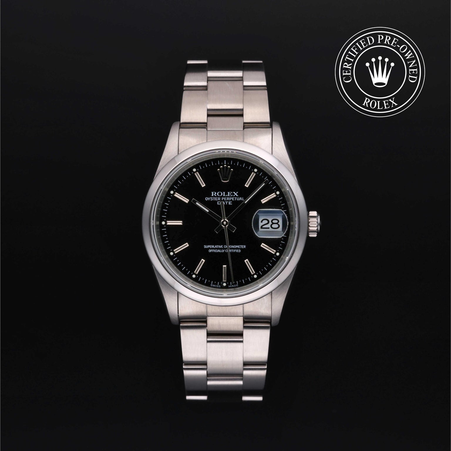 Rolex Certified Pre-owned Oyster Perpetual M15200-0009 front on black background