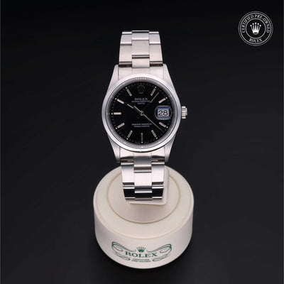Rolex Certified Pre-owned Oyster Perpetual M15200-0009 front on black background