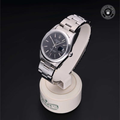 Rolex Certified Pre-owned Oyster Perpetual M15200-0009 front on black background