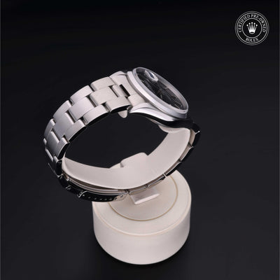 Rolex Certified Pre-owned Oyster Perpetual M15200-0009 front on black background