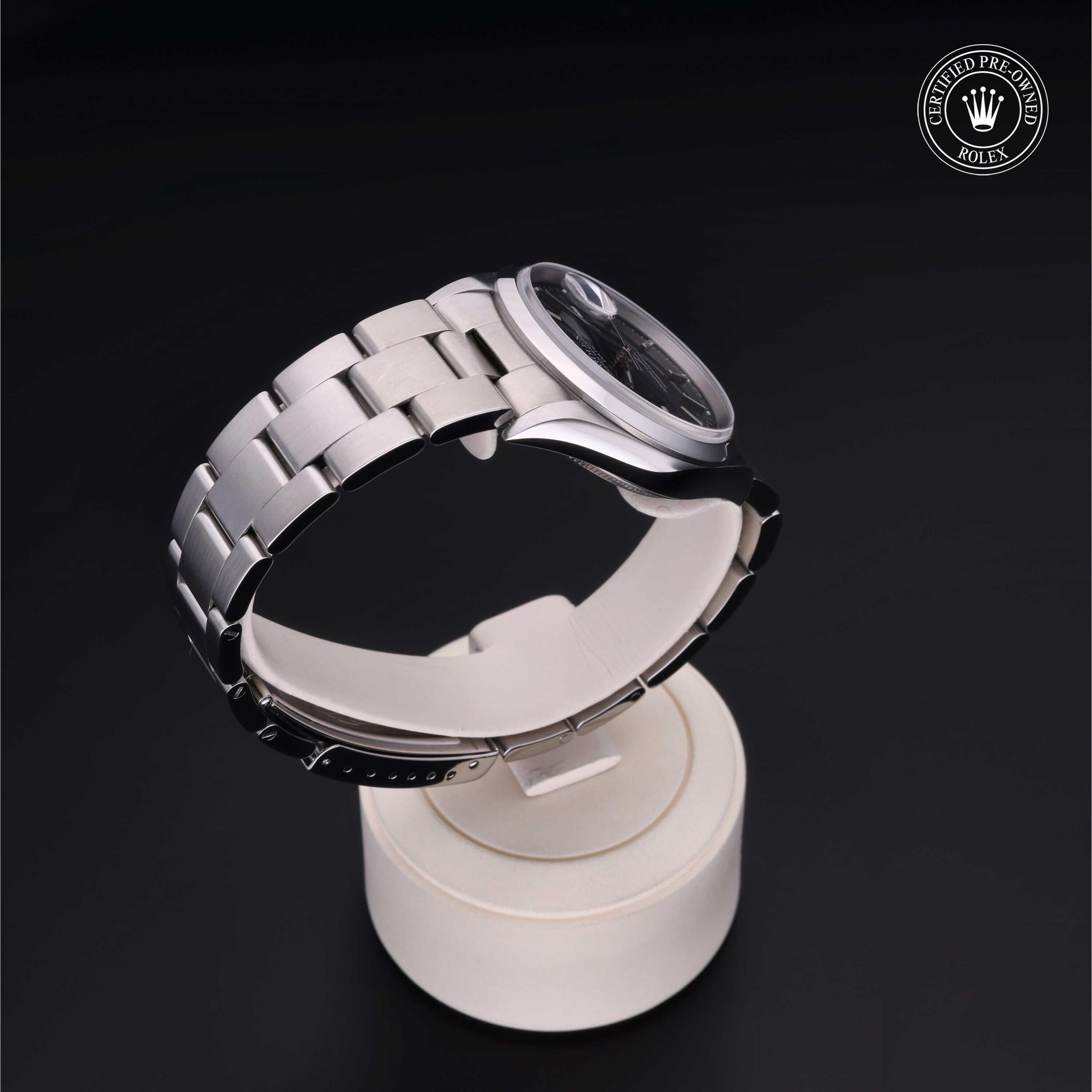 Rolex Certified Pre-owned Oyster Perpetual M15200-0009 front on black background