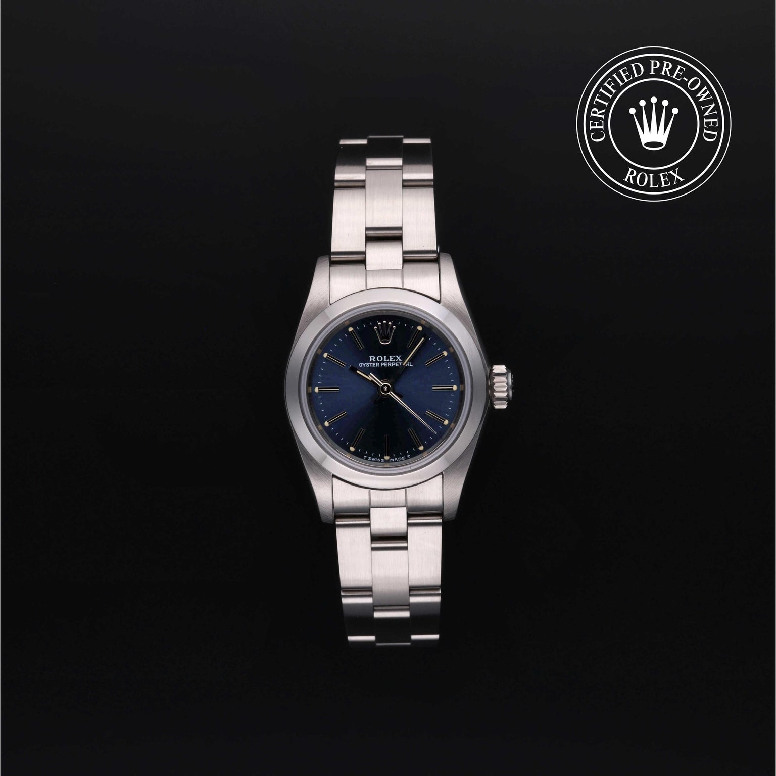 Rolex Certified Pre-owned Oyster Perpetual M67180-0008 front on black background
