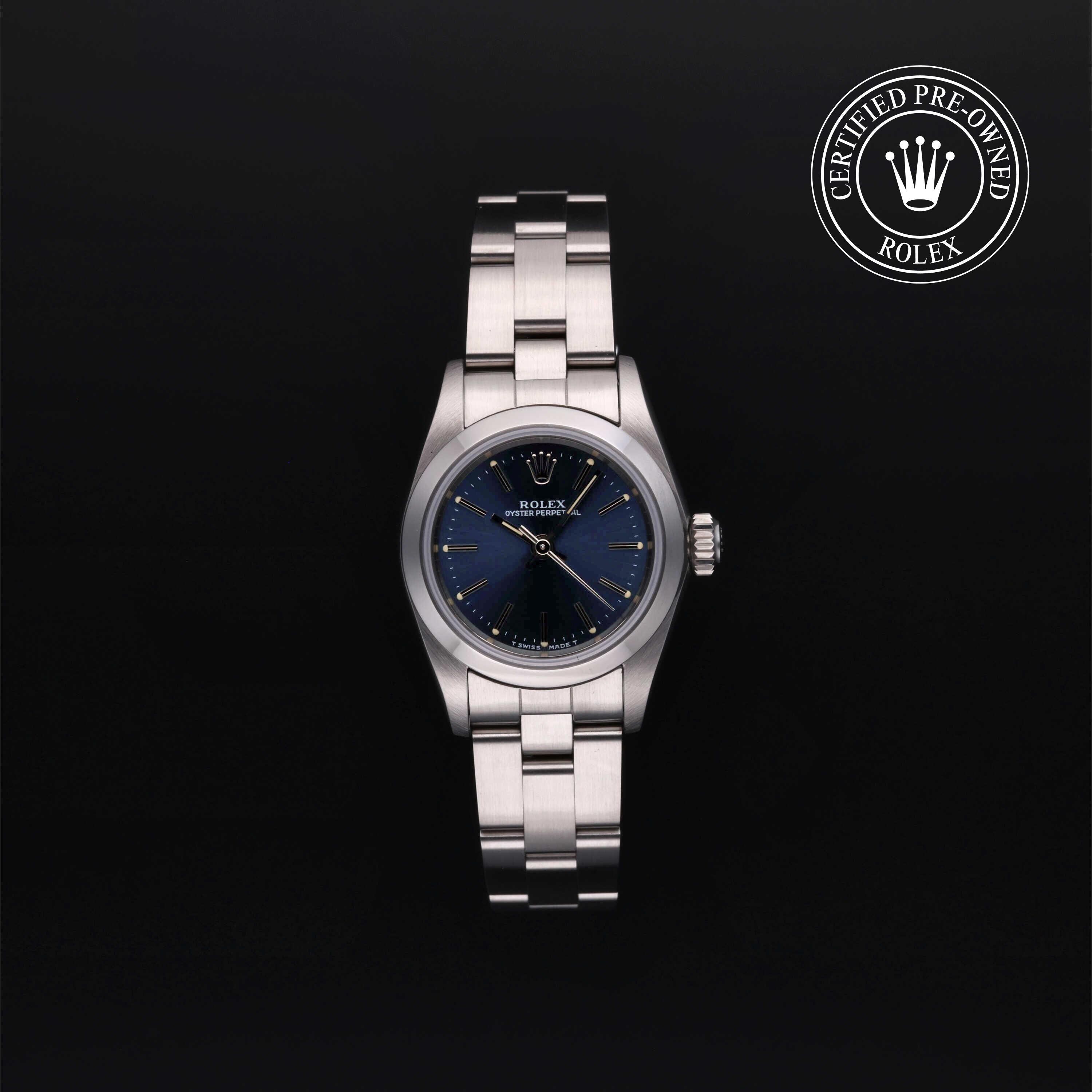 Rolex Certified Pre-owned Oyster Perpetual M67180-0008 front on black background