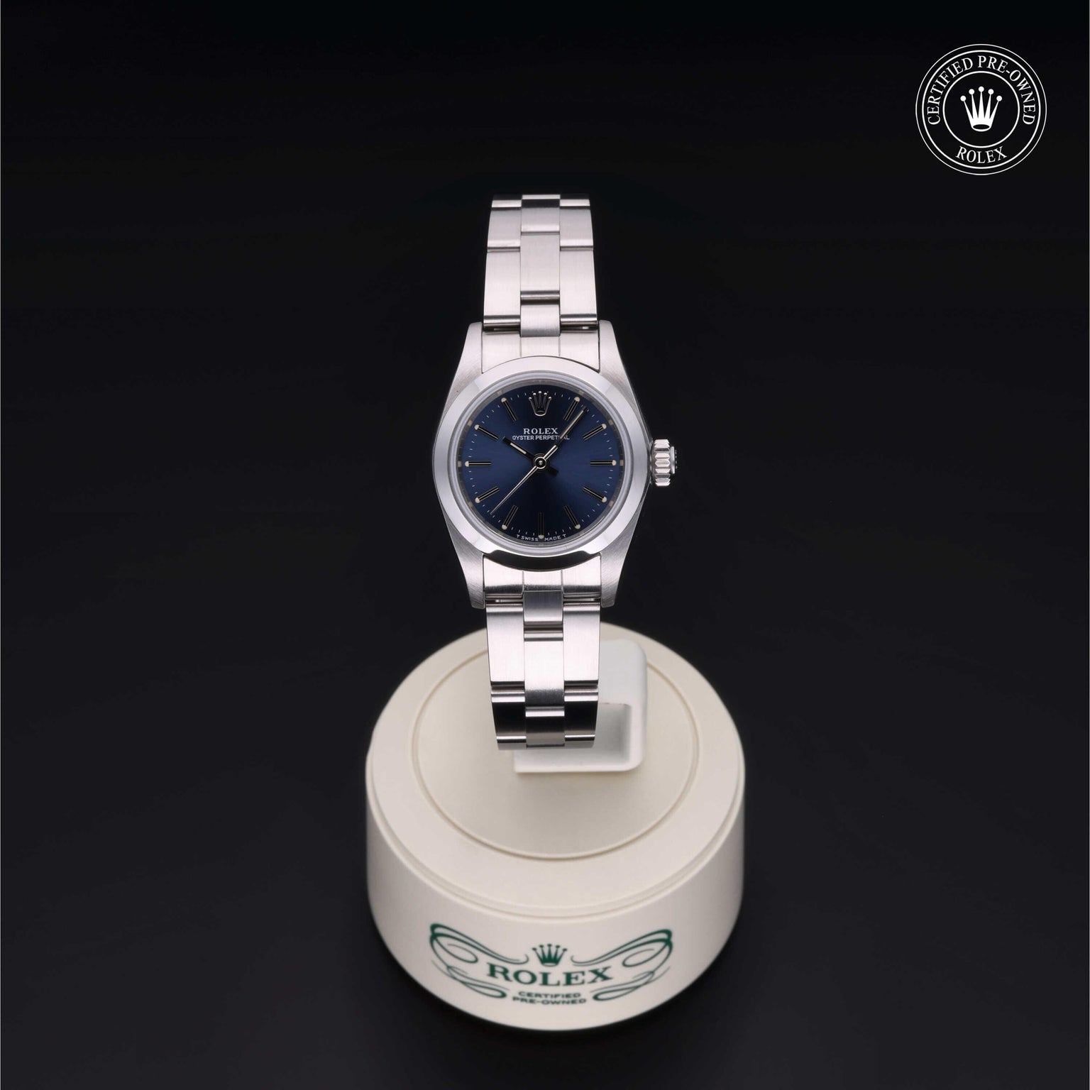 Rolex Certified Pre-owned Oyster Perpetual M67180-0008 front on black background