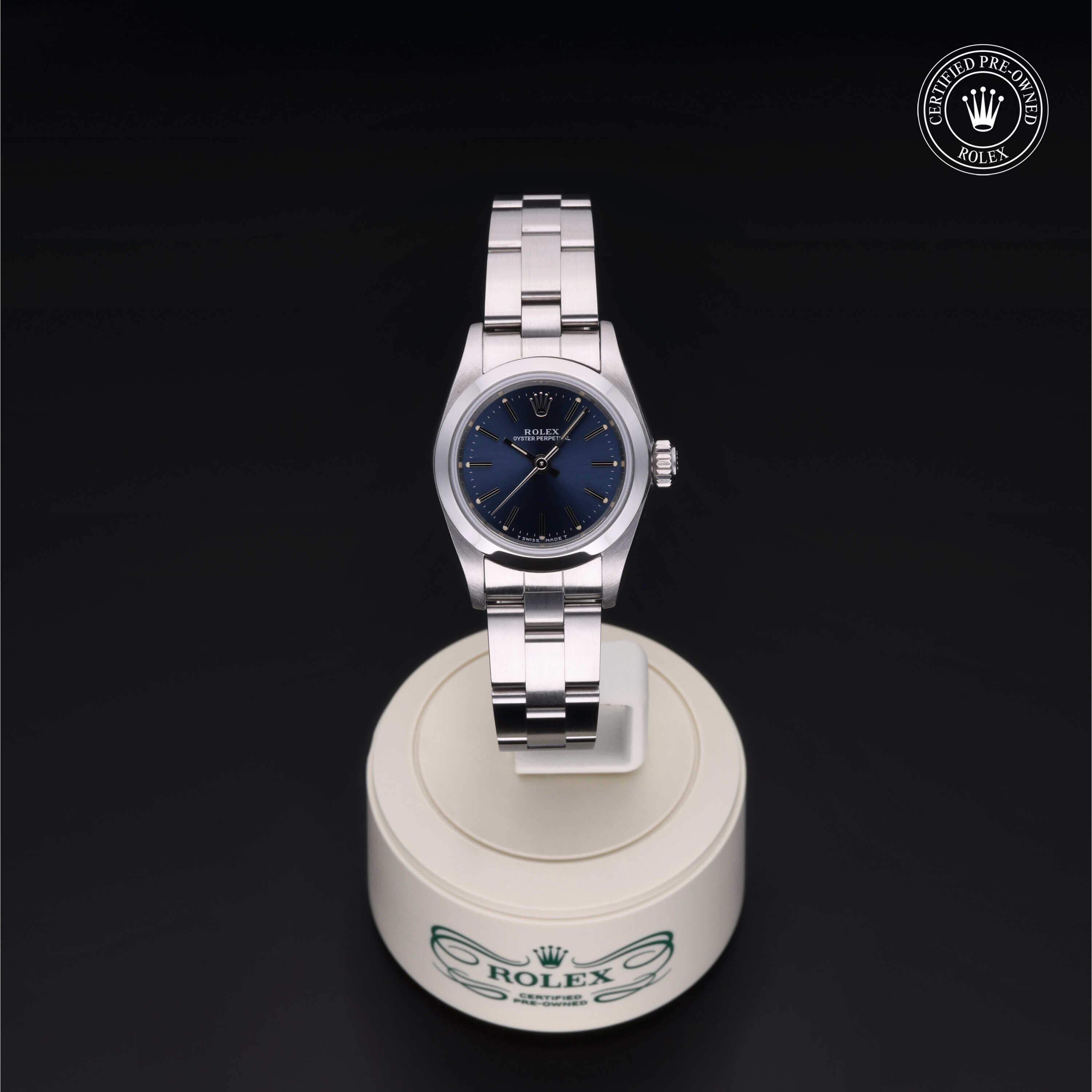 Rolex Certified Pre-owned Oyster Perpetual M67180-0008 front on black background