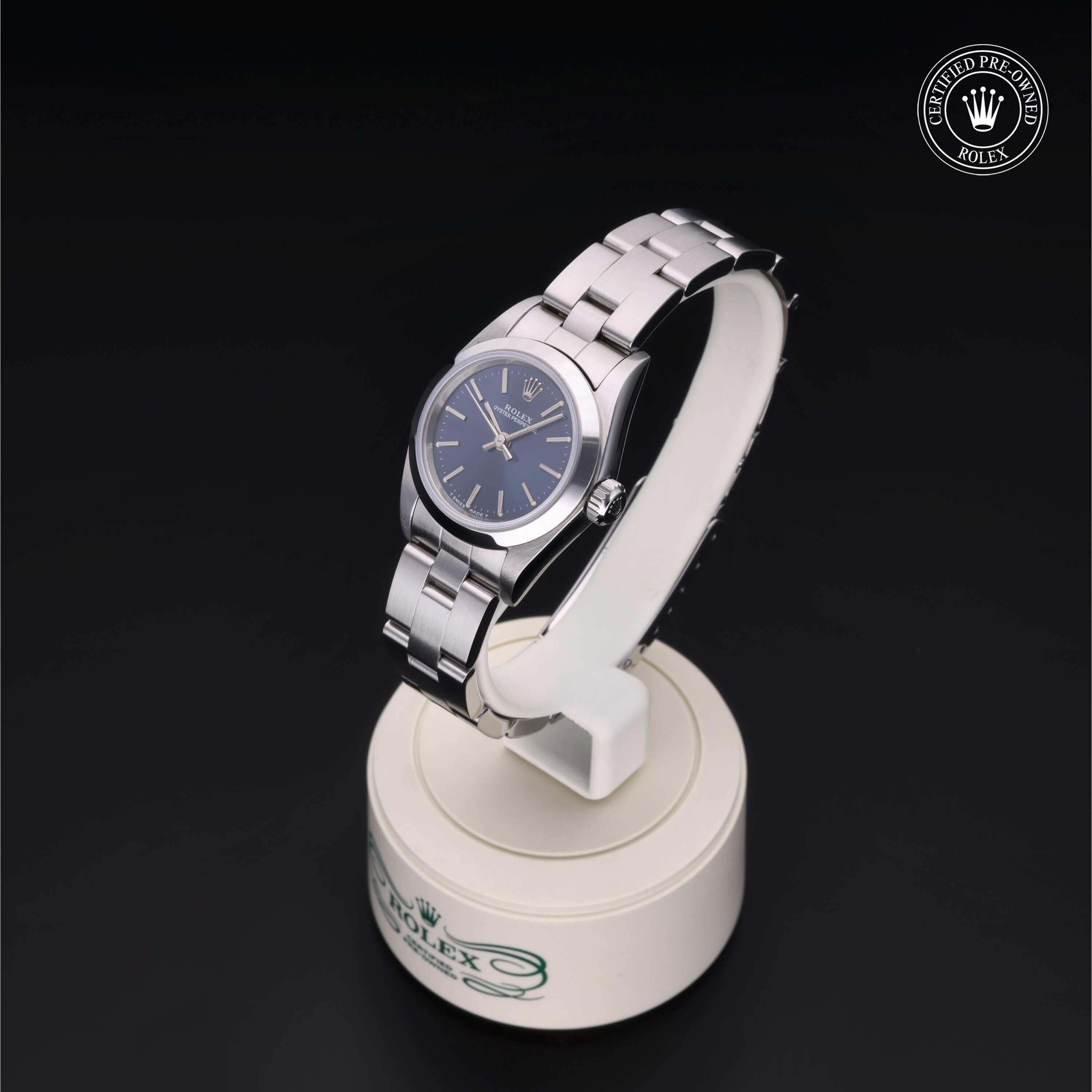Rolex Certified Pre-owned Oyster Perpetual M67180-0008 front on black background