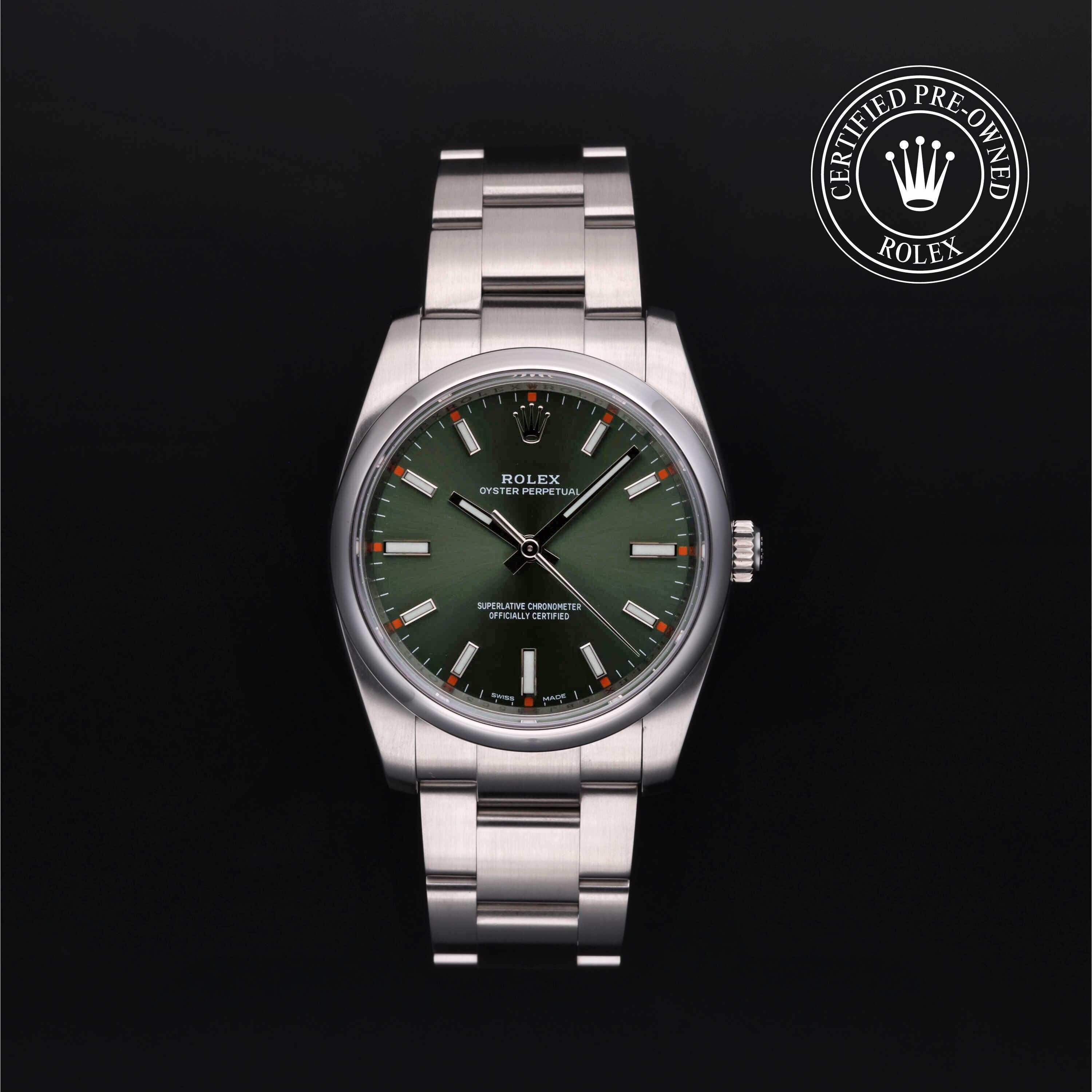 Rolex Certified Pre-owned Air-King M114200-0021 front on black background