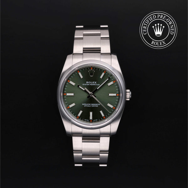 Rolex Certified Pre-owned Air-King M114200-0021 front on black background