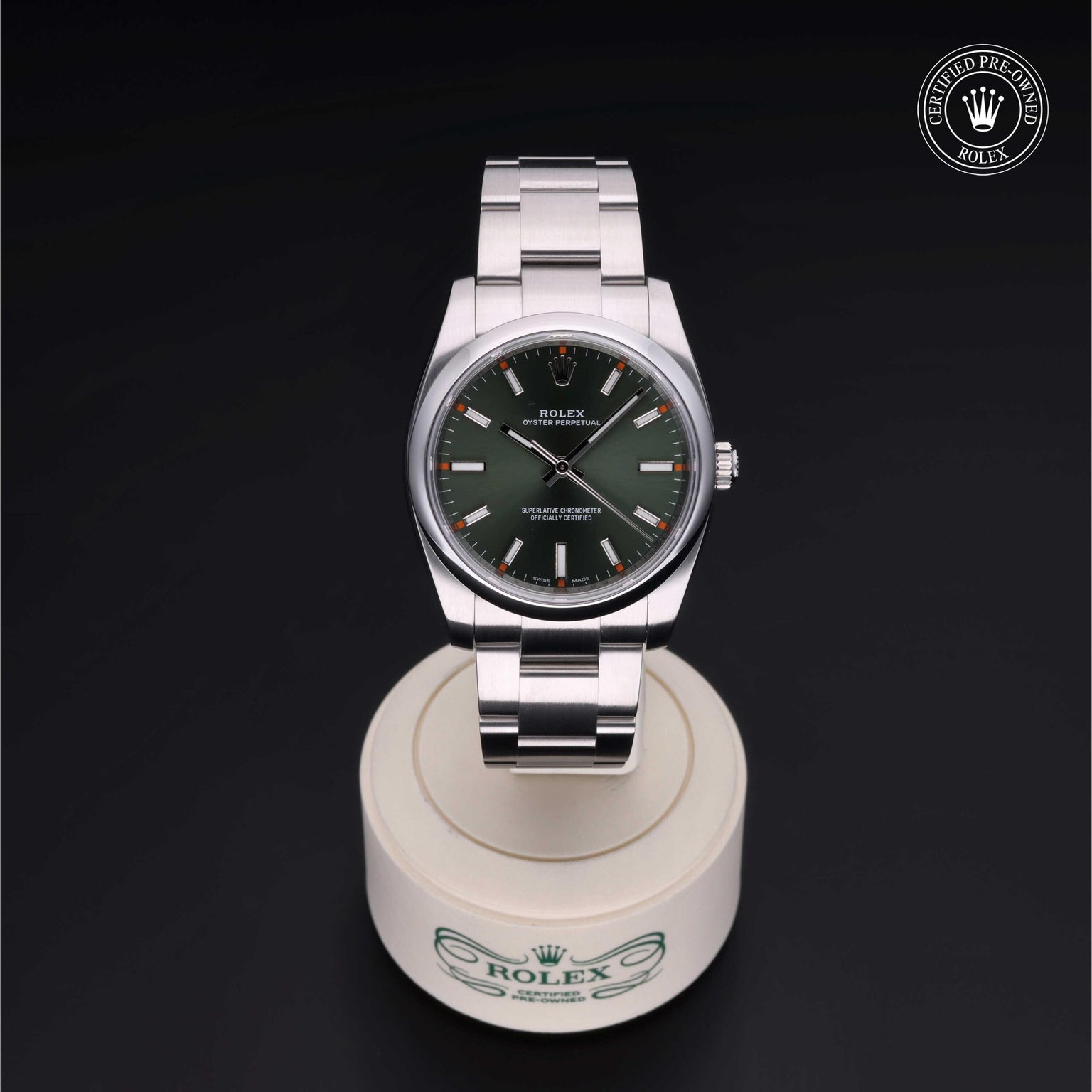 Rolex Certified Pre-owned Air-King M114200-0021 front on black background