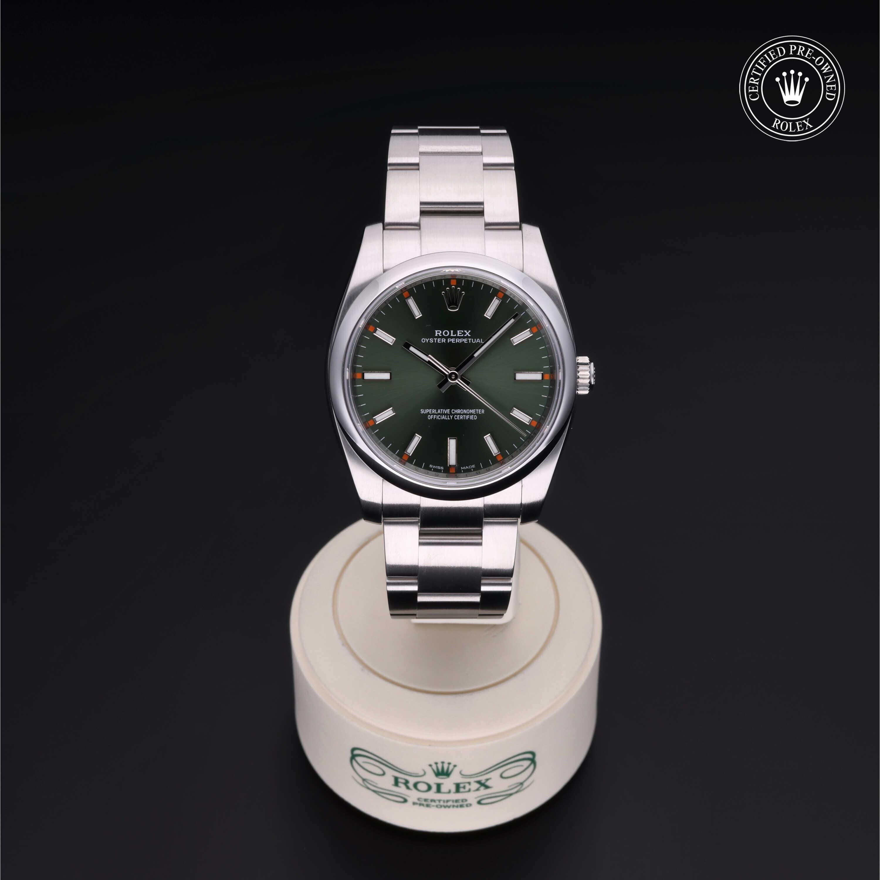 Rolex Certified Pre-owned Air-King M114200-0021 front on black background