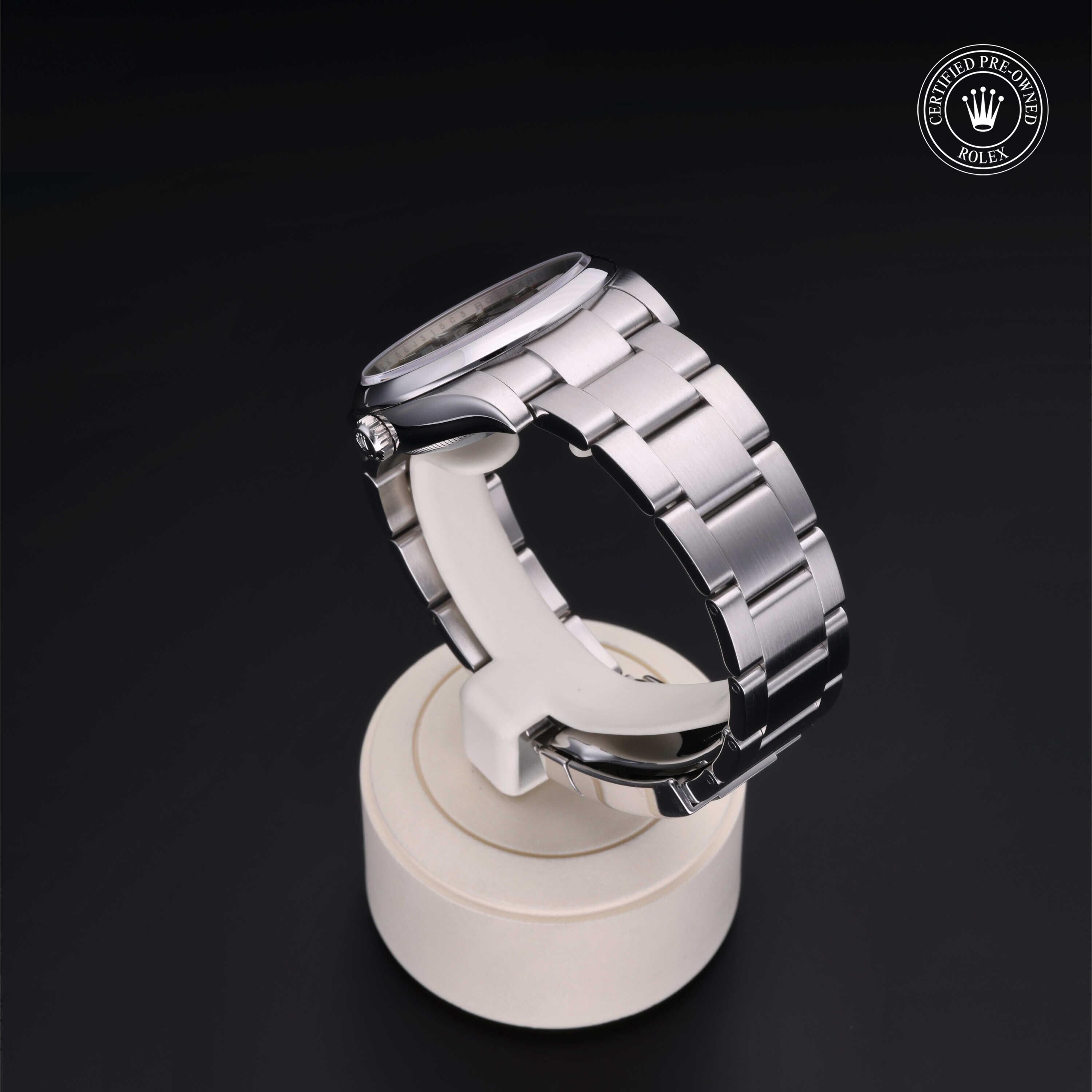 Rolex Certified Pre-owned Air-King M114200-0021 front on black background