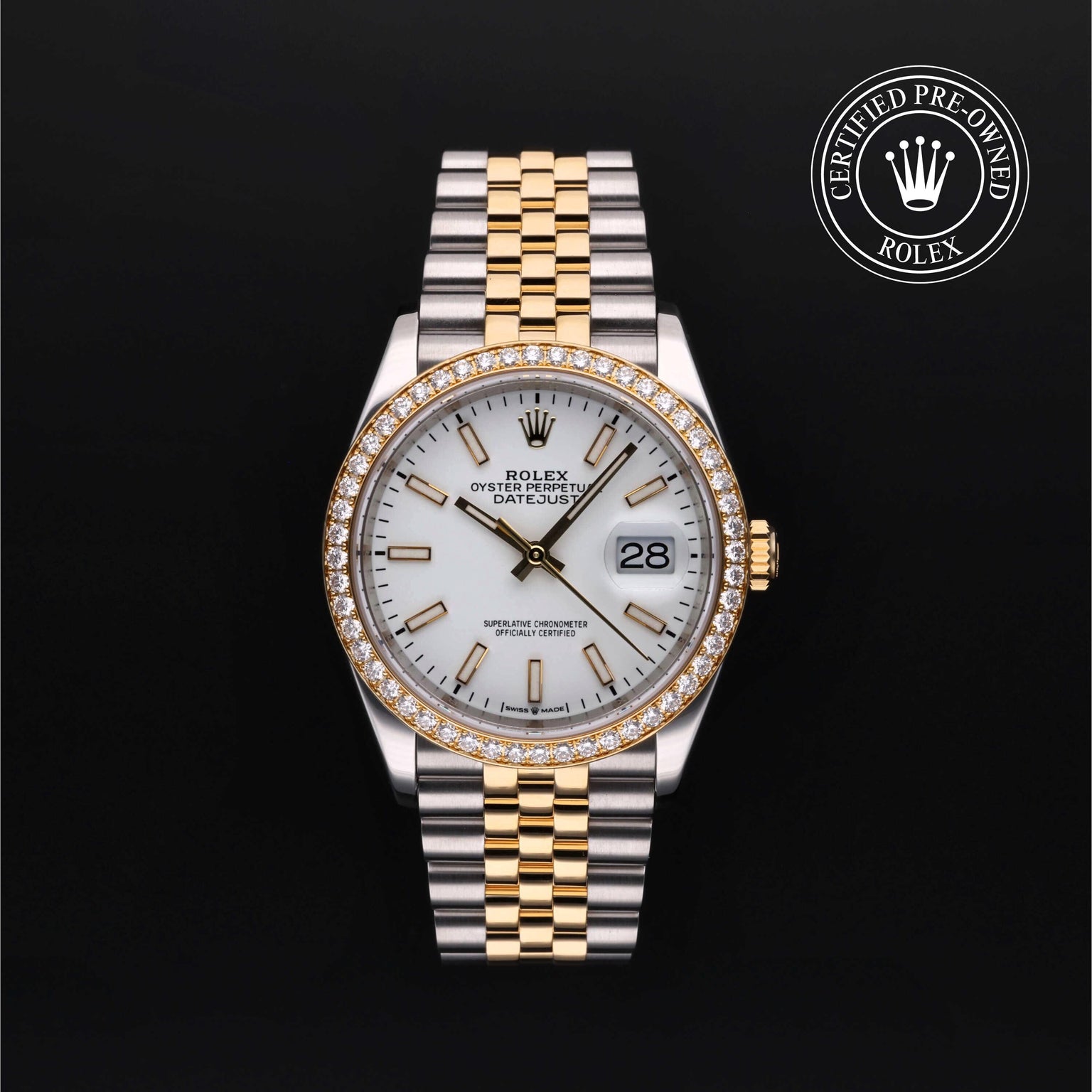 Rolex Certified Pre-owned Datejust M126283RBR-0019 front on black background
