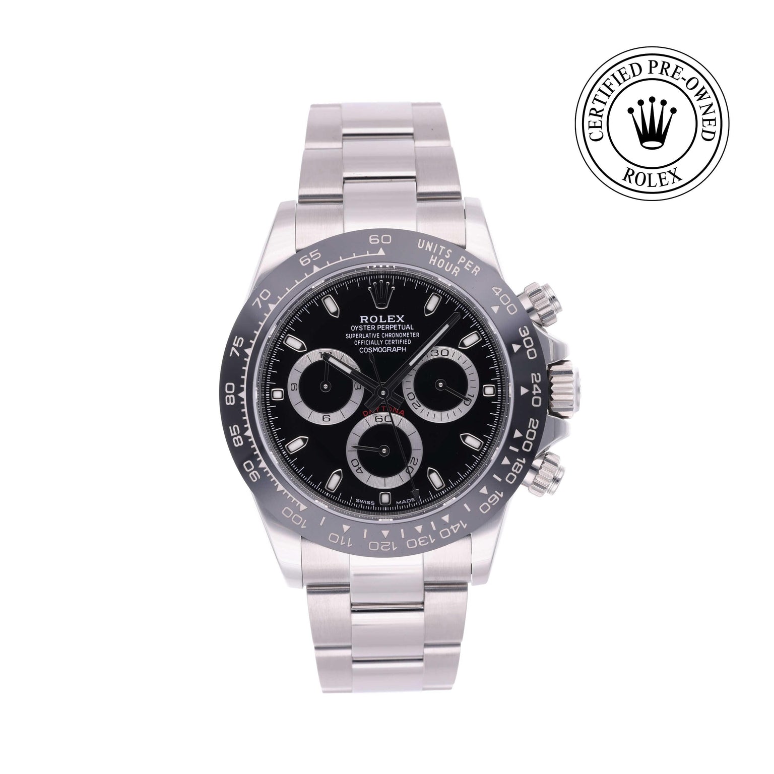 Rolex CPO Daytona M116500LN front on white background