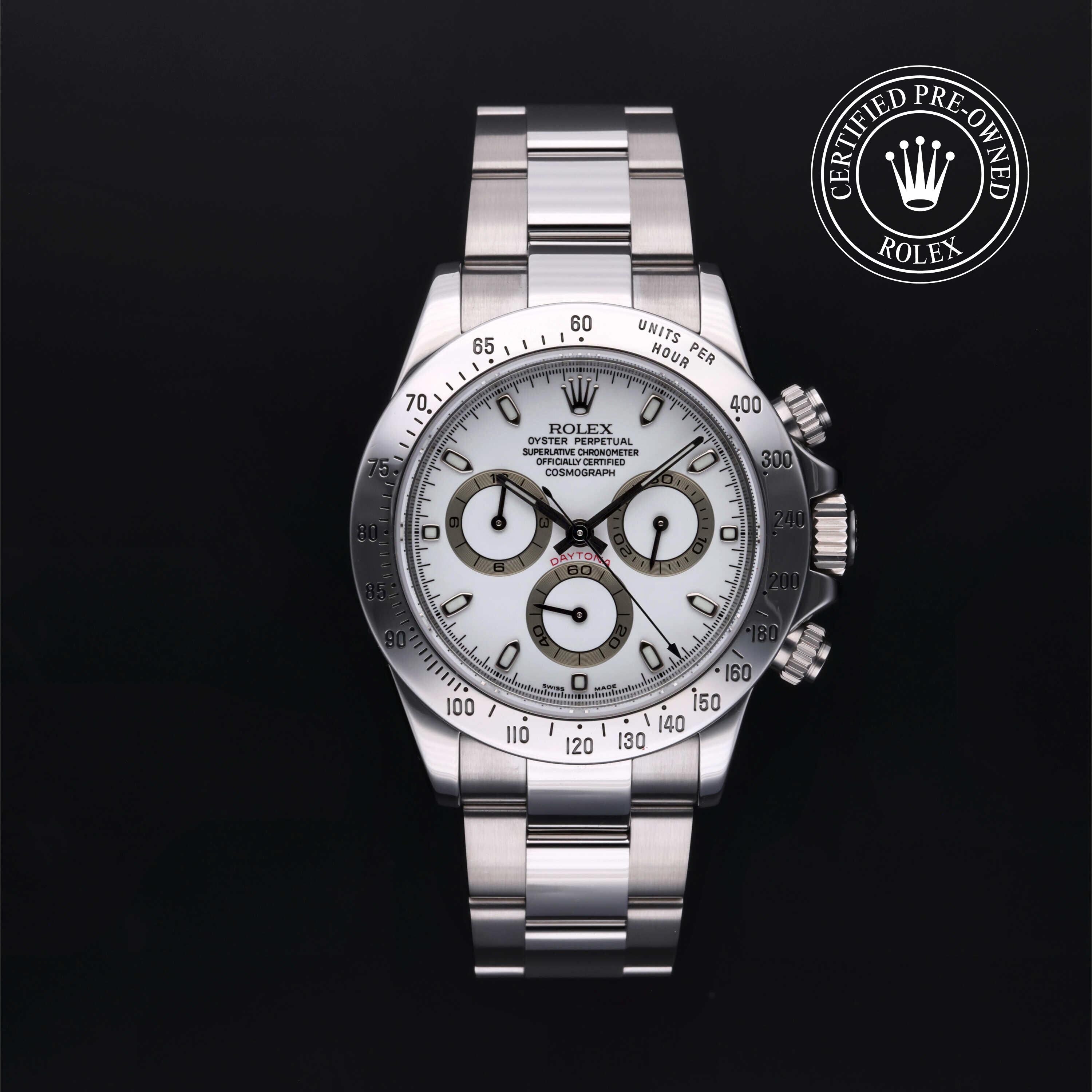 Rolex CPO Daytona M116520 front on white background