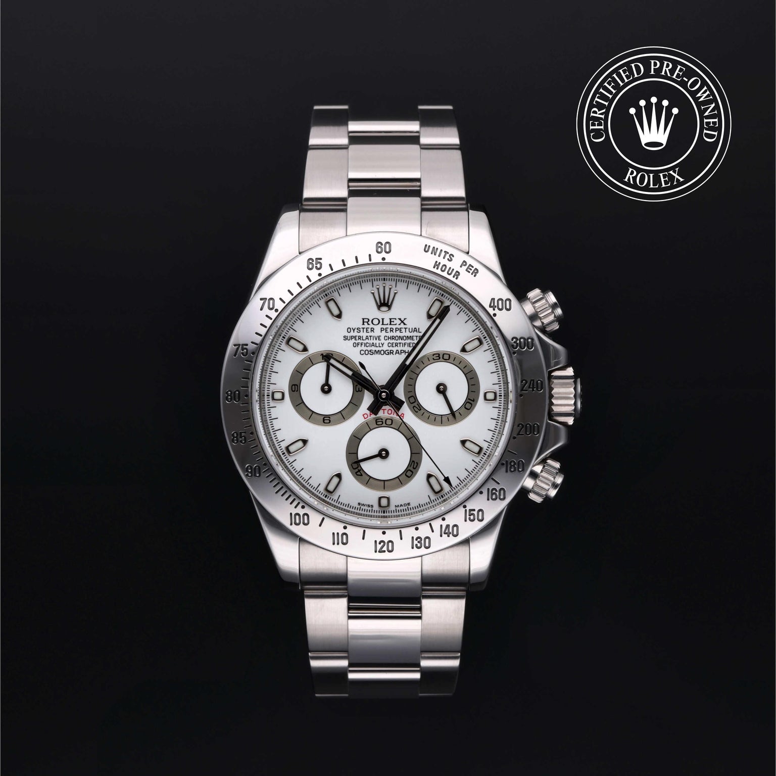 Rolex Certified Pre-owned Daytona M116520-0016 front on black background
