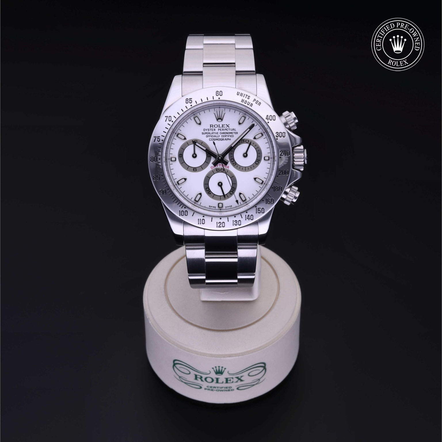 Rolex Certified Pre-owned Daytona M116520-0016 front on black background