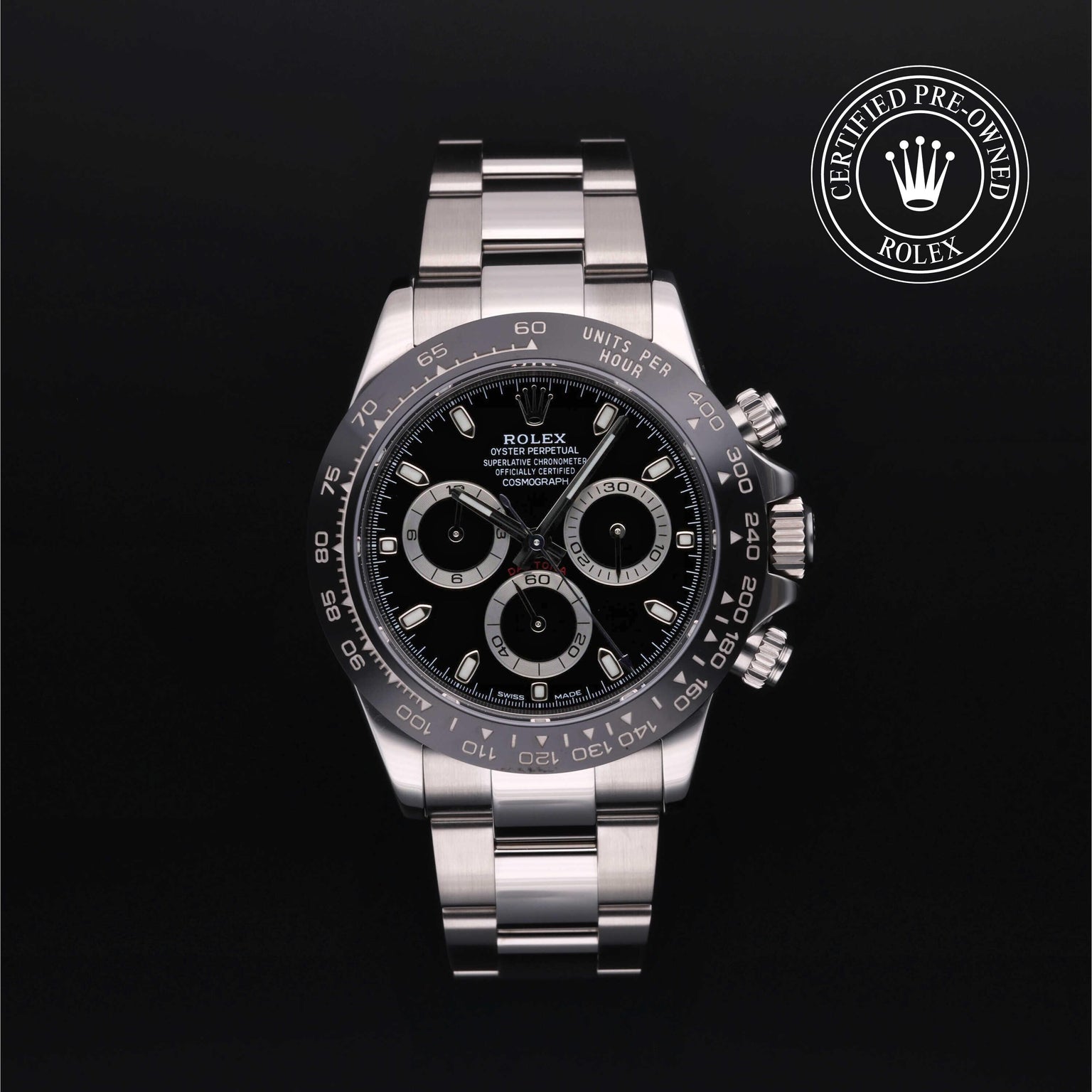 Rolex Certified Pre-owned Daytona M116500LN-0002 front on black background