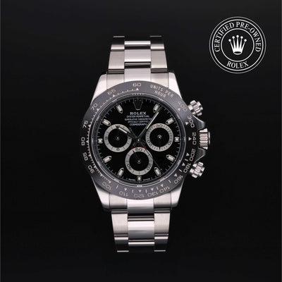 Rolex Certified Pre-owned Daytona M116500LN-0002 front on black background