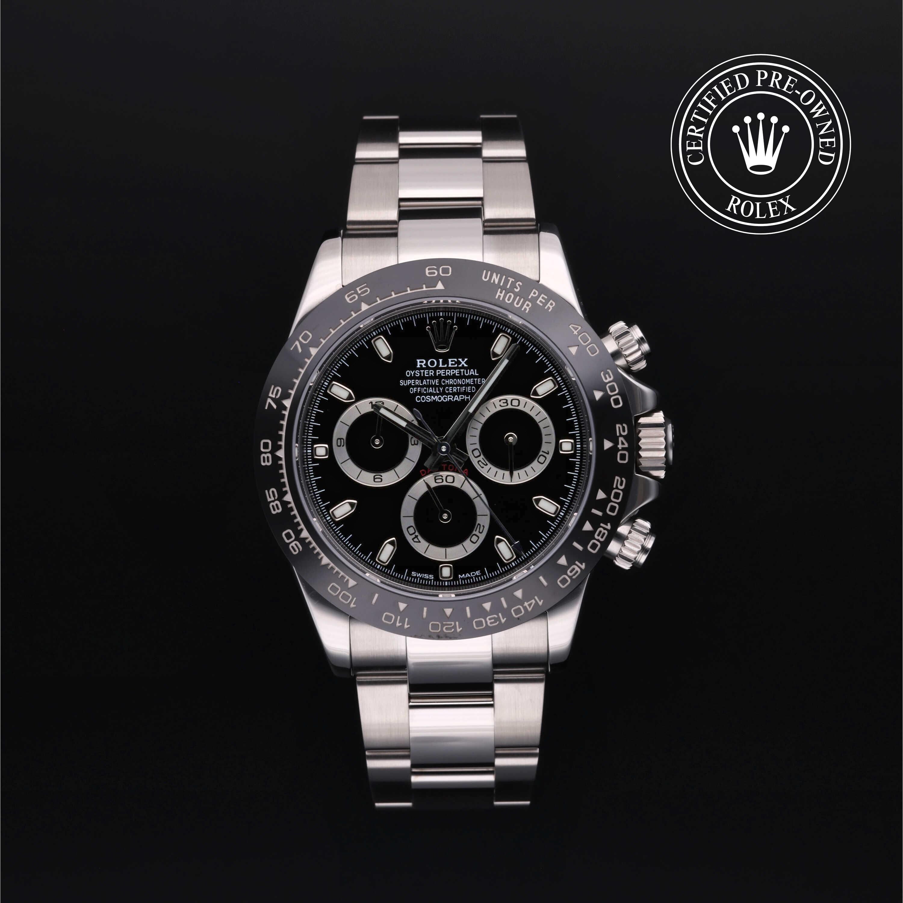 Rolex Certified Pre-owned Daytona M116500LN-0002 front on black background