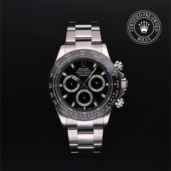 Rolex Certified Pre-owned Daytona M116500LN-0002 front on black background