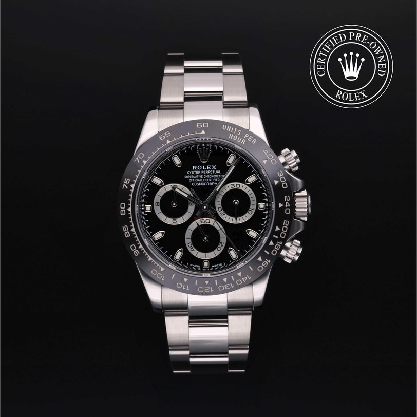 Rolex Certified Pre-owned Daytona M116500LN-0002 front on black background