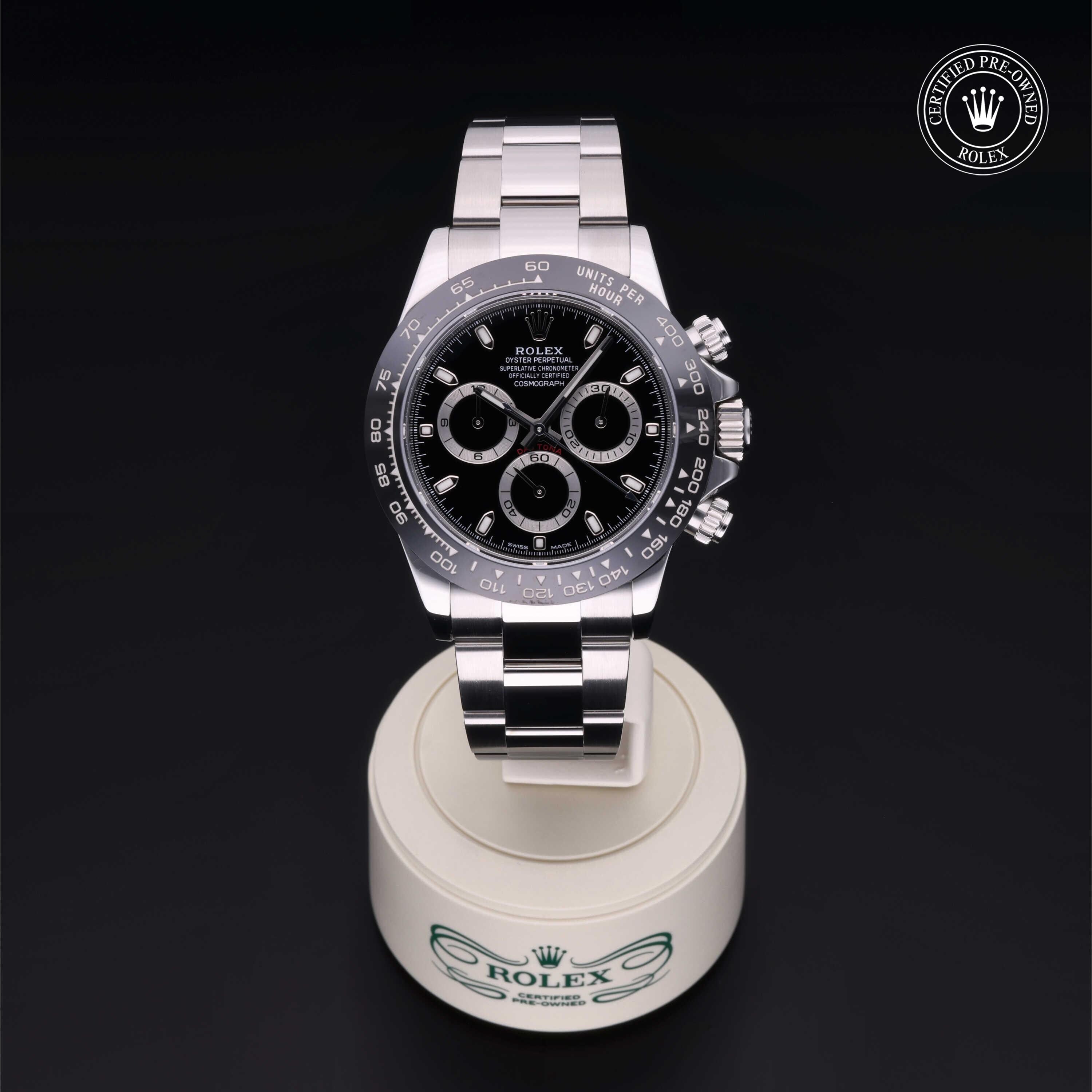 Rolex Certified Pre-owned Daytona M116500LN-0002 front on black background