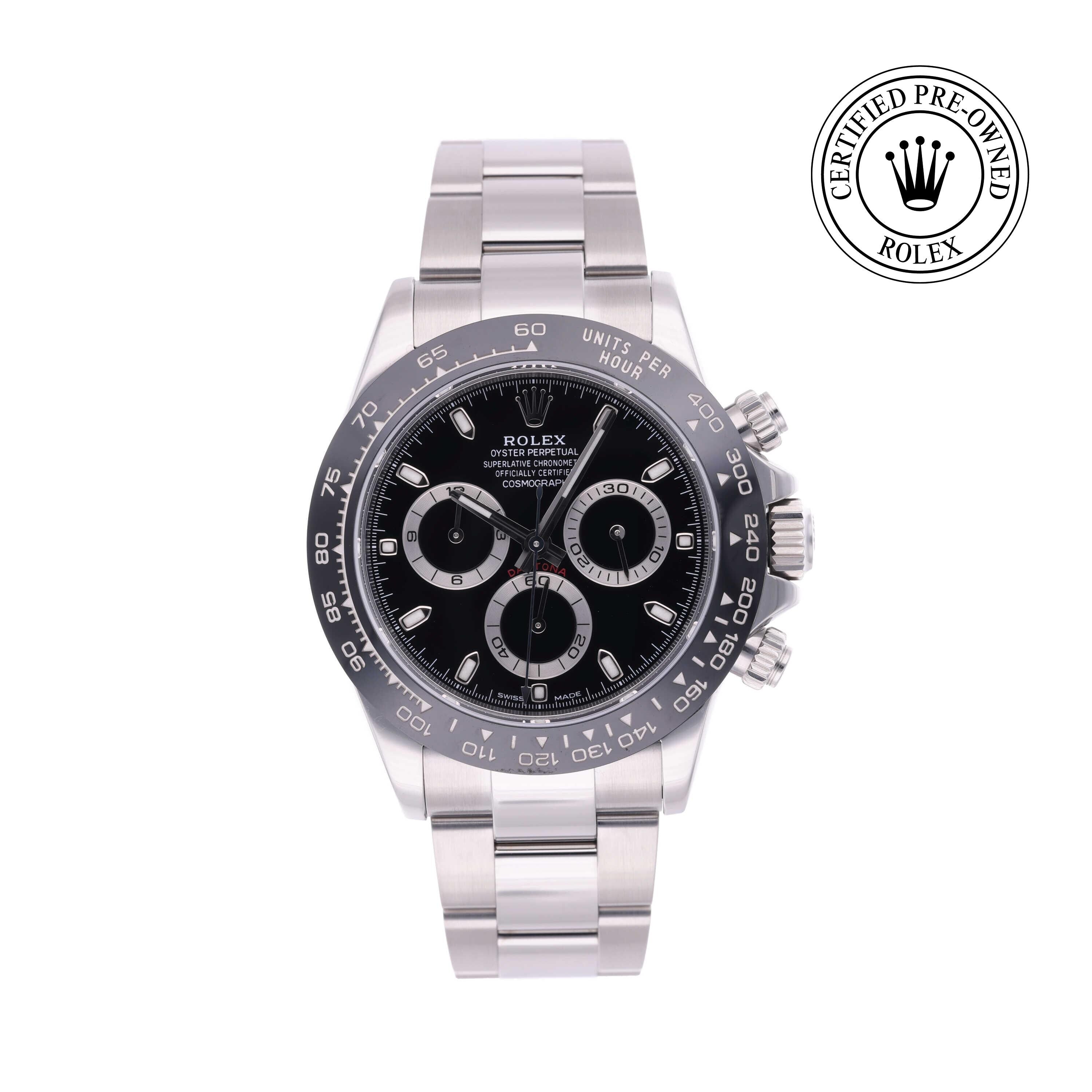 Rolex Certified Pre-owned Daytona M116500LN-0002 front on white background