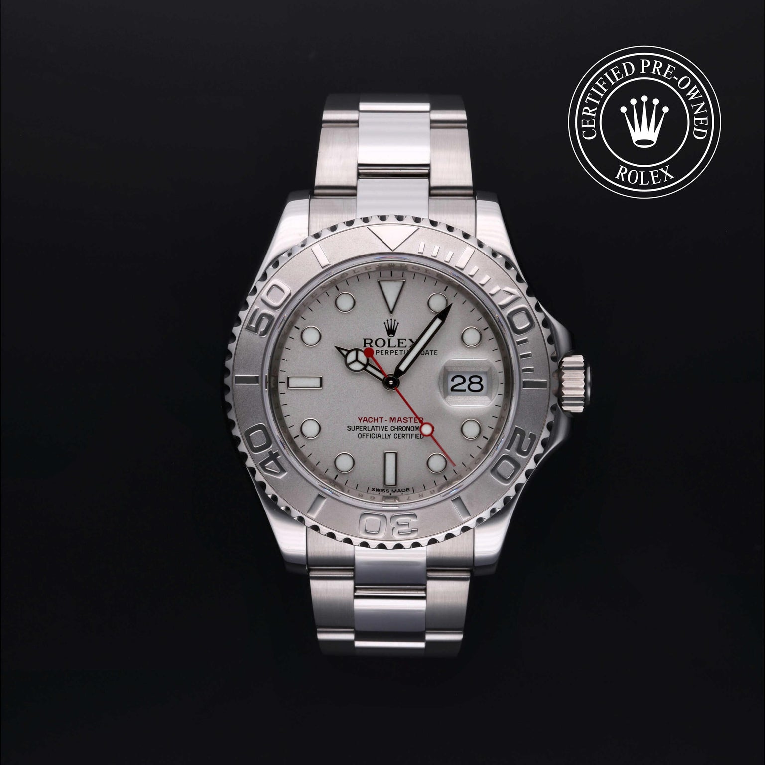 Rolex Certified Pre-owned Yacht-Master M116622-0002 front on black background