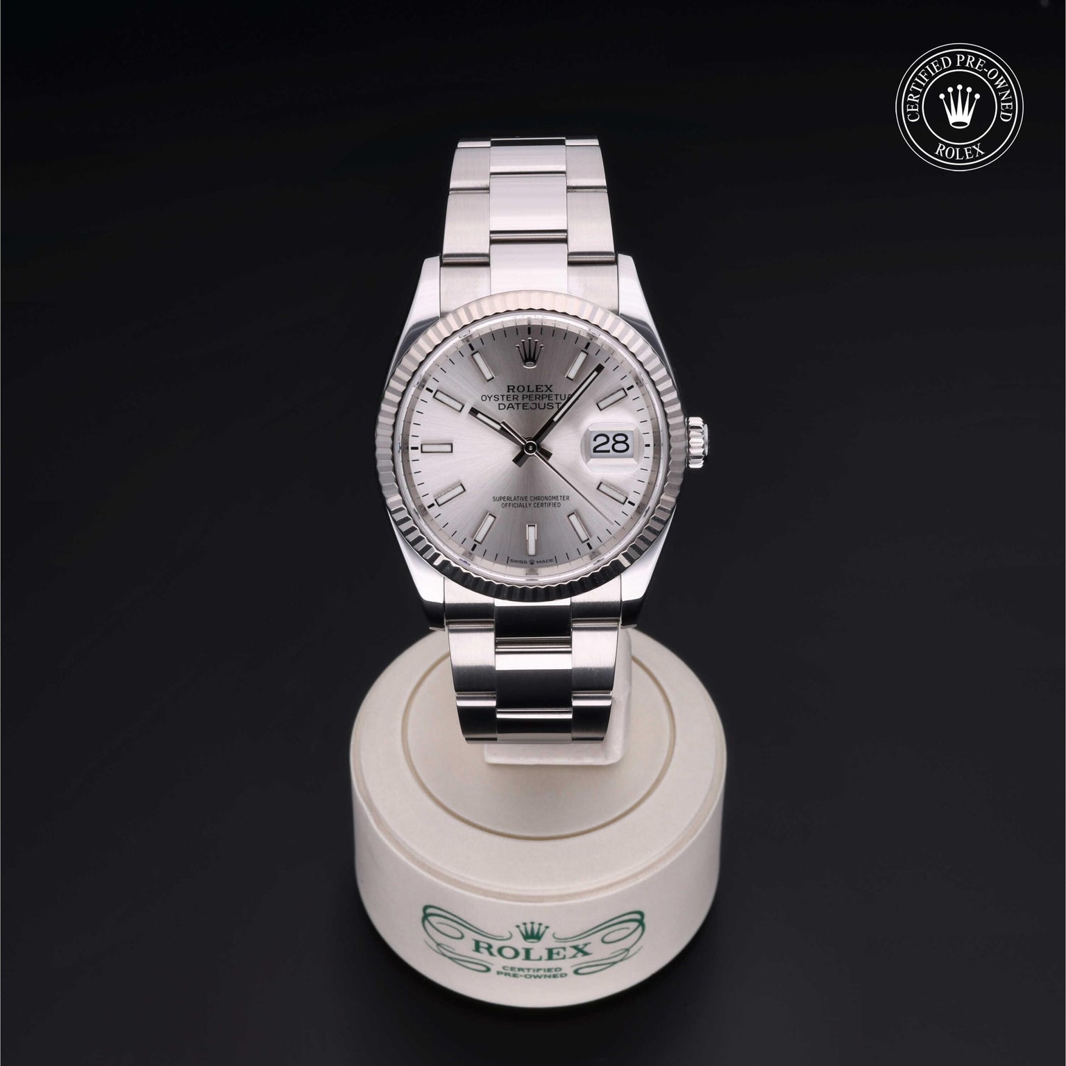 Rolex Certified Pre-owned Datejust M126234-0014 front on black background