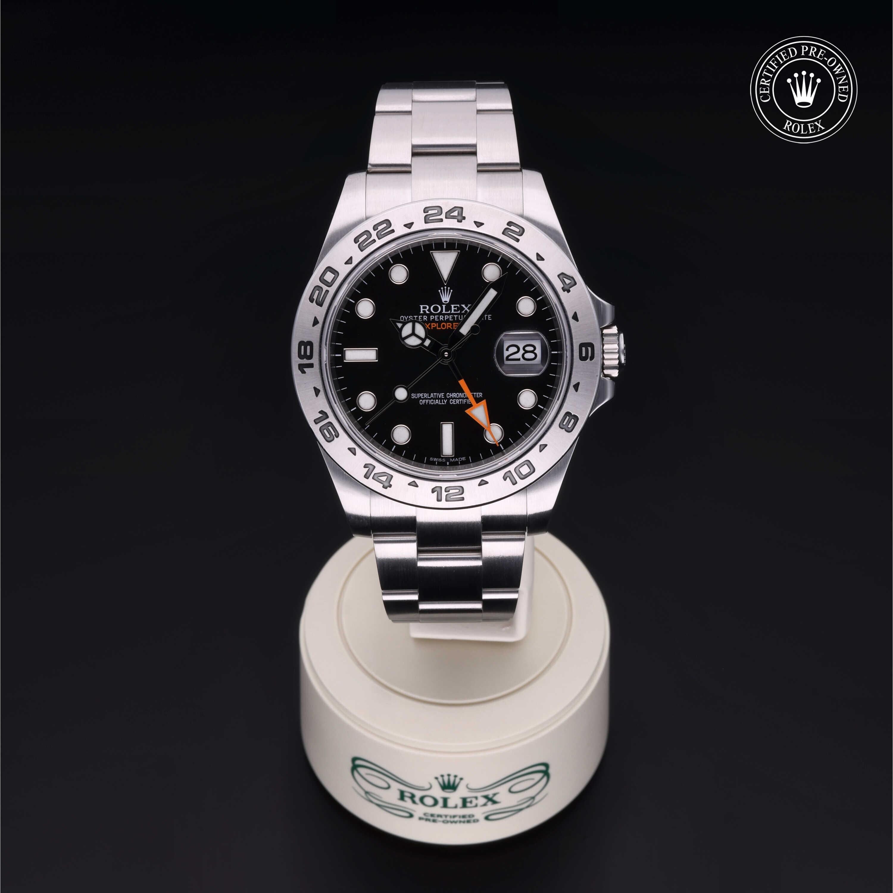 Rolex Certified Pre-owned Explorer M216570-0002 front on black background