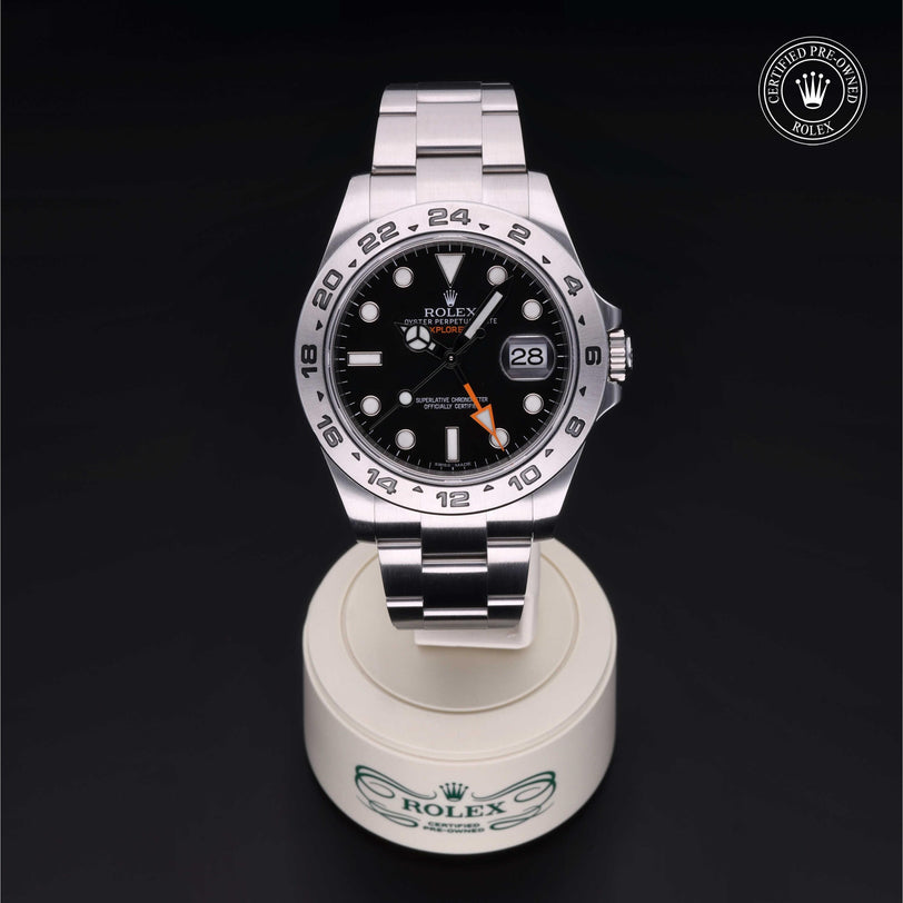 Rolex Certified Pre-owned Explorer M216570-0002 front on black background