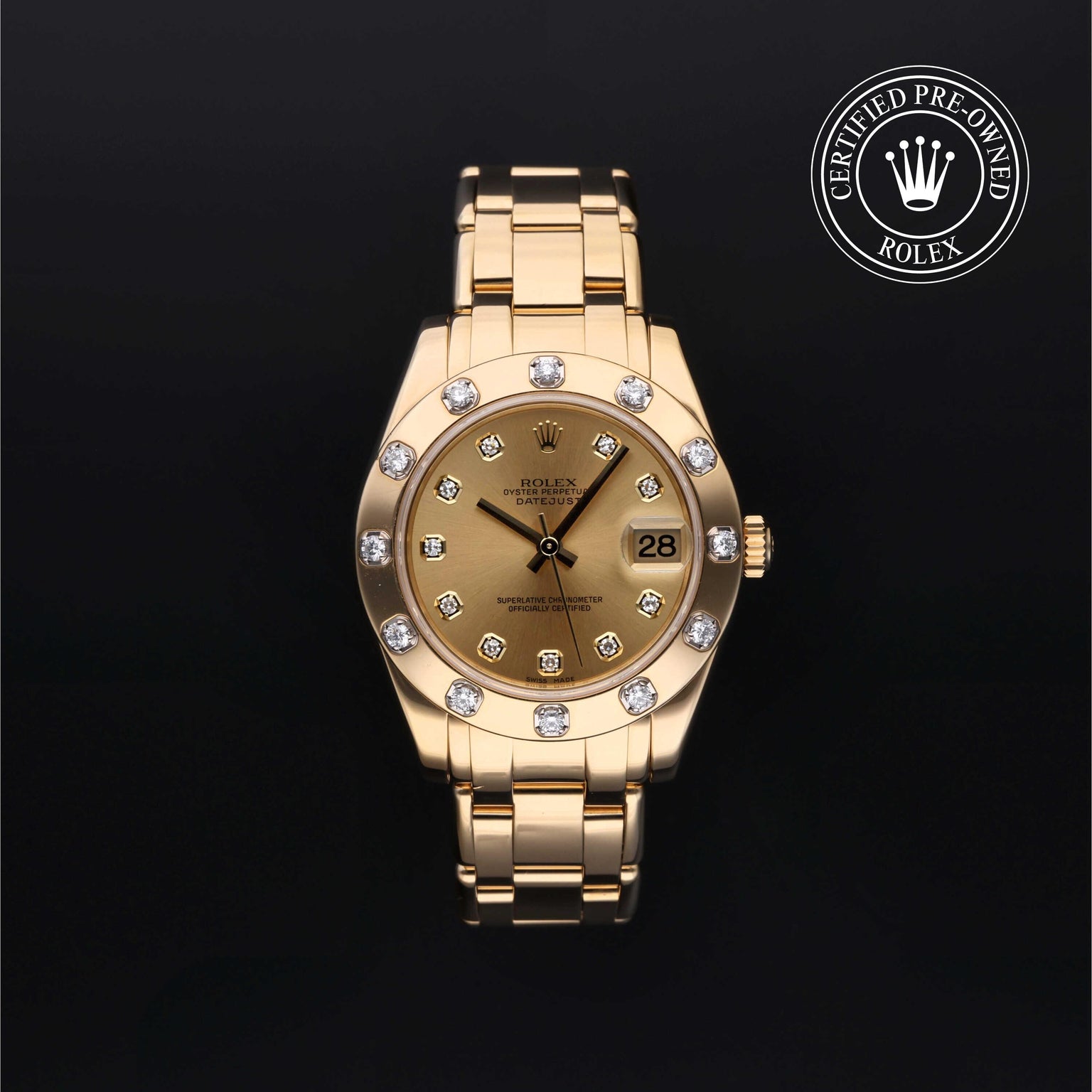 Rolex Certified Pre-owned Pearlmaster M81318-0007 front on black background