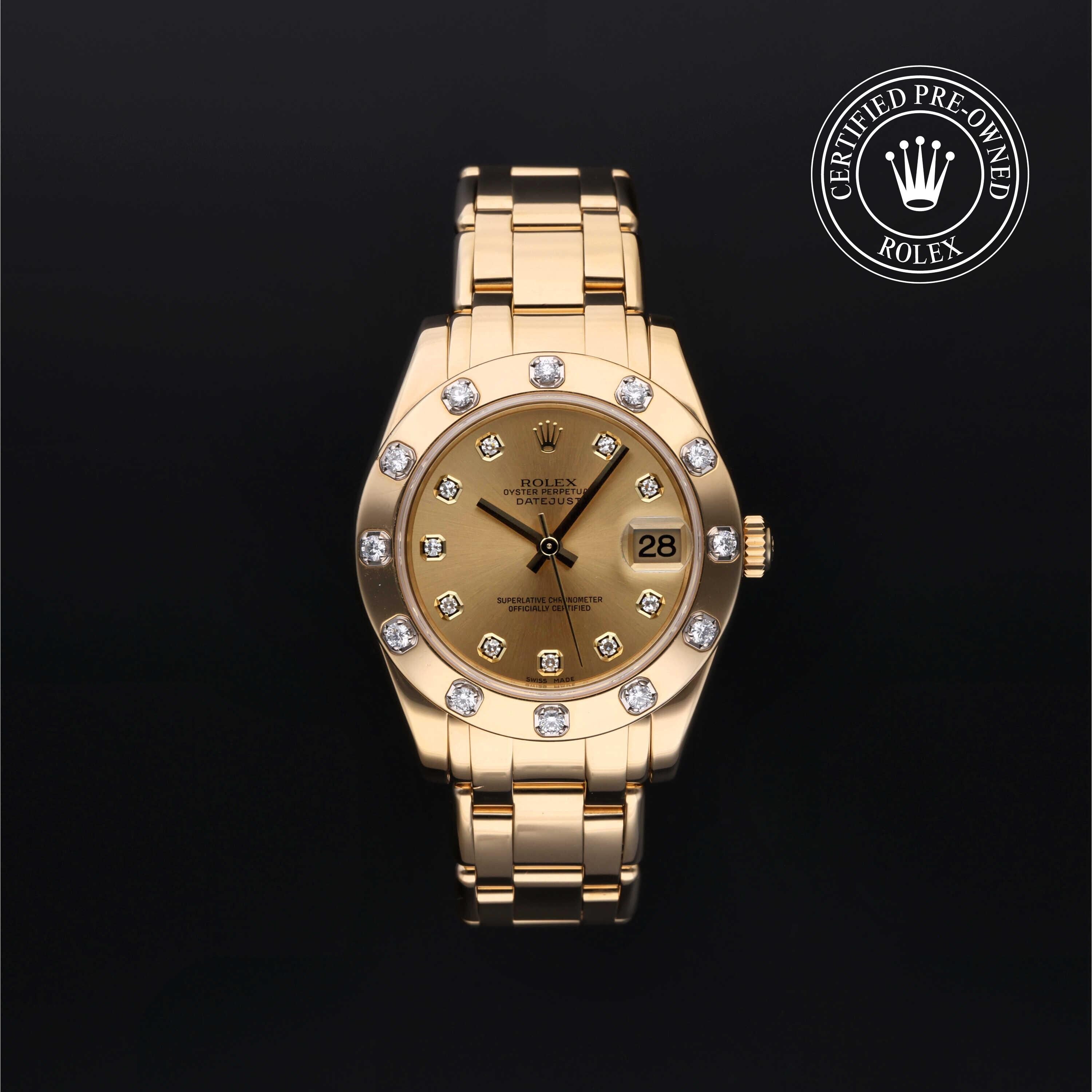 Rolex Certified Pre-owned Pearlmaster M81318-0007 front on black background