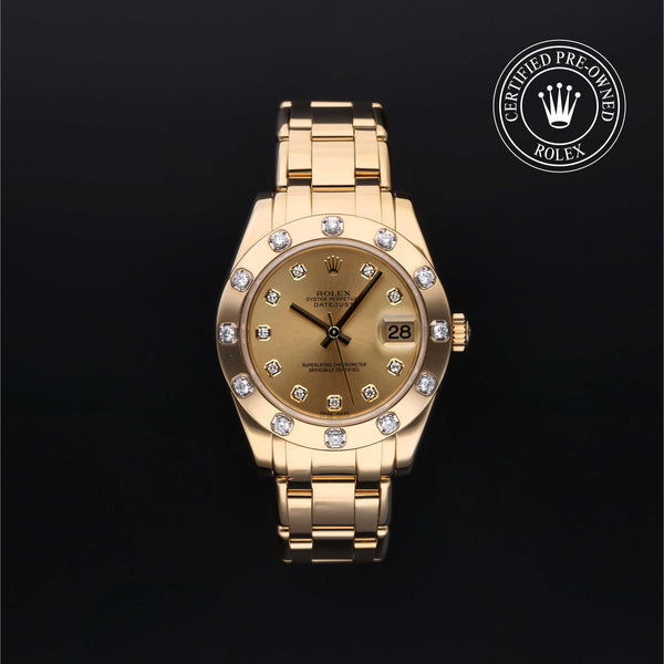 Rolex Certified Pre-owned Pearlmaster M81318-0007 front on black background