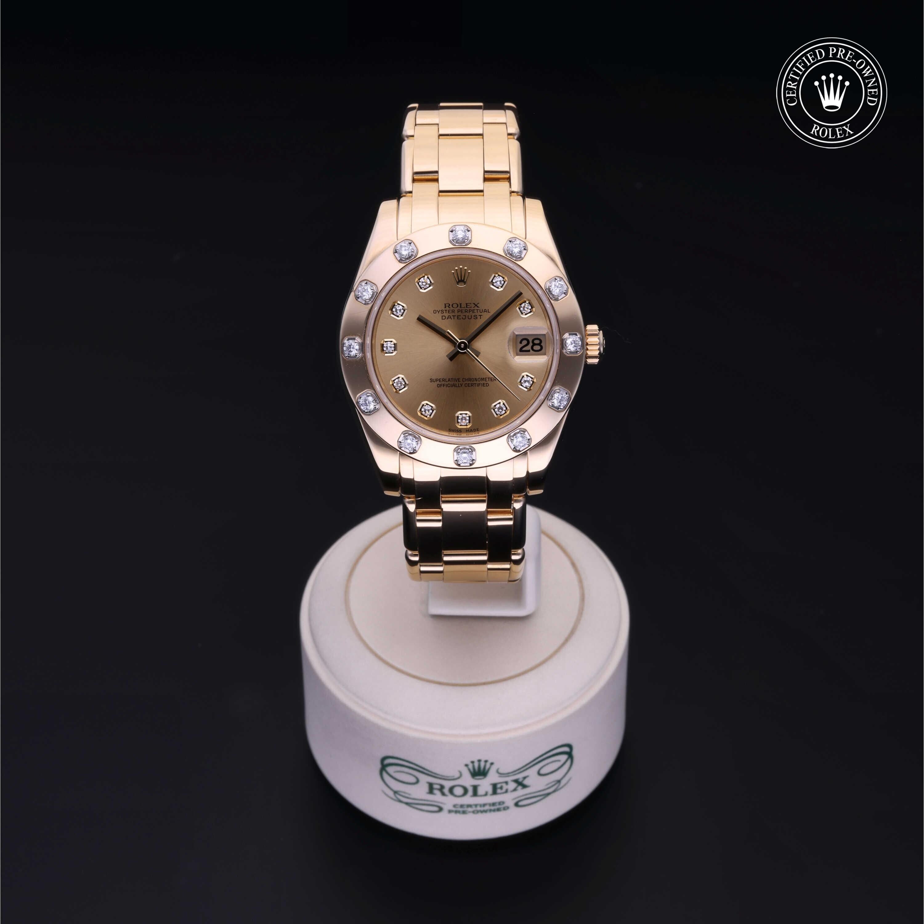 Rolex Certified Pre-owned Pearlmaster M81318-0007 front on black background