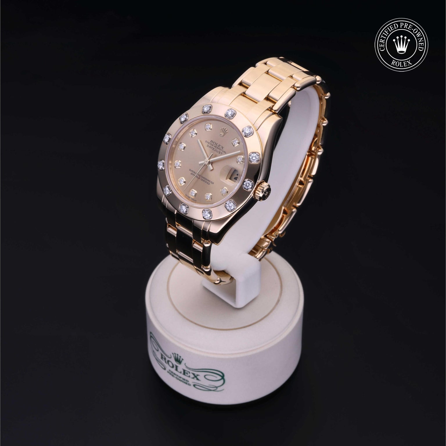 Rolex Certified Pre-owned Pearlmaster M81318-0007 front on black background