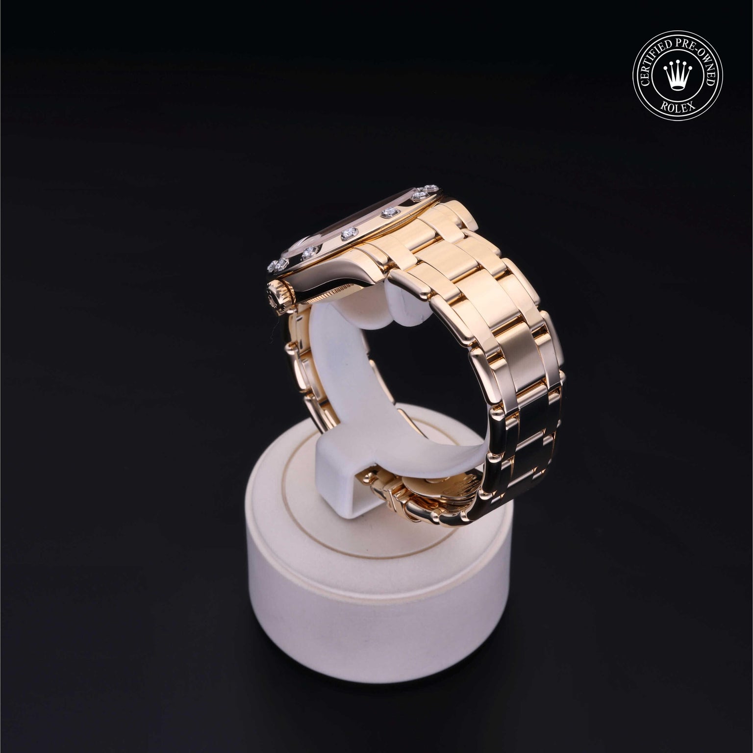 Rolex Certified Pre-owned Pearlmaster M81318-0007 front on black background