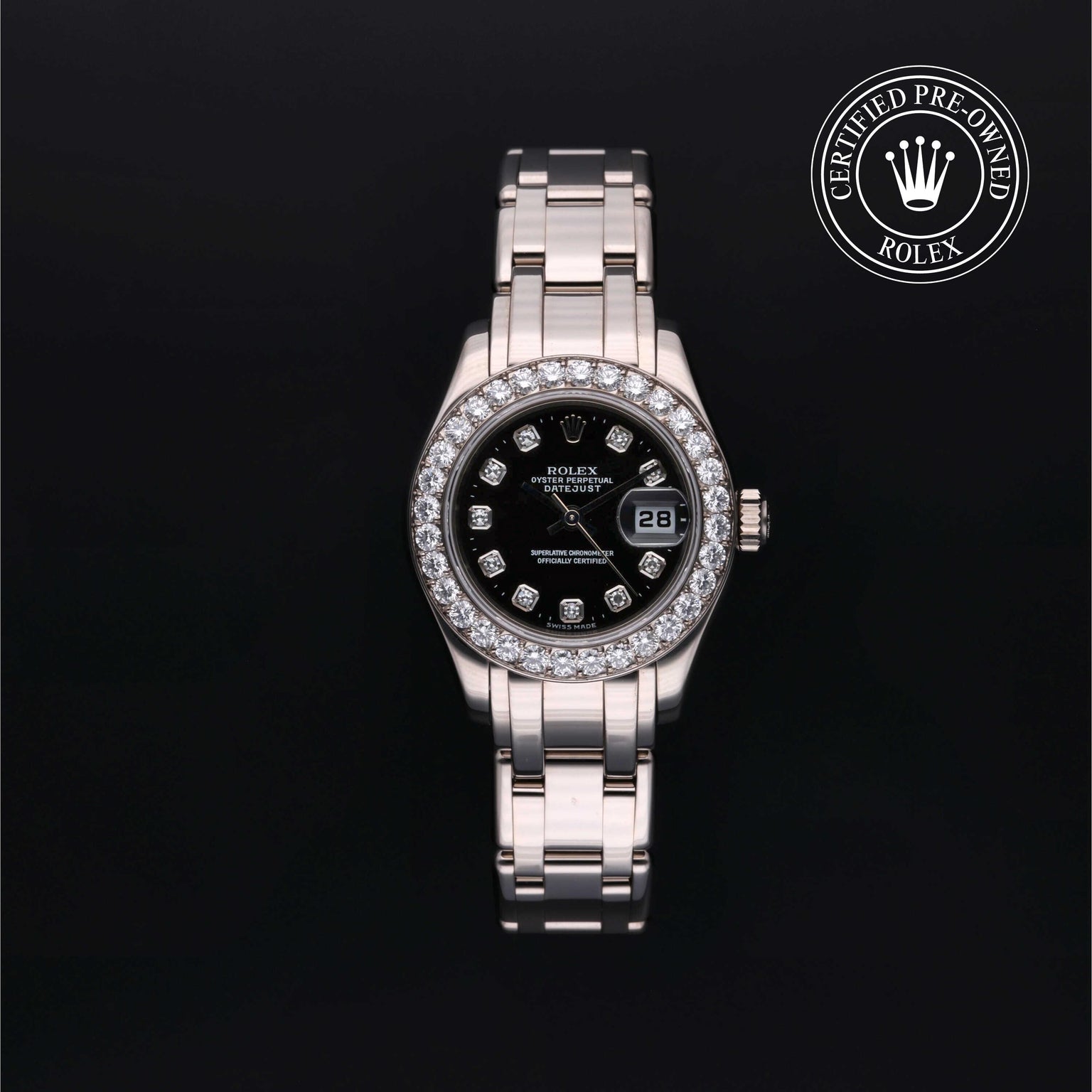 Rolex CPO Pearlmaster M80299 front on white background