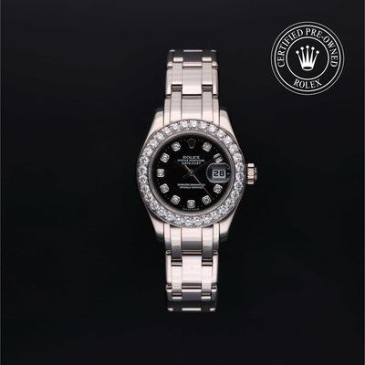 Rolex CPO Pearlmaster M80299 front on white background