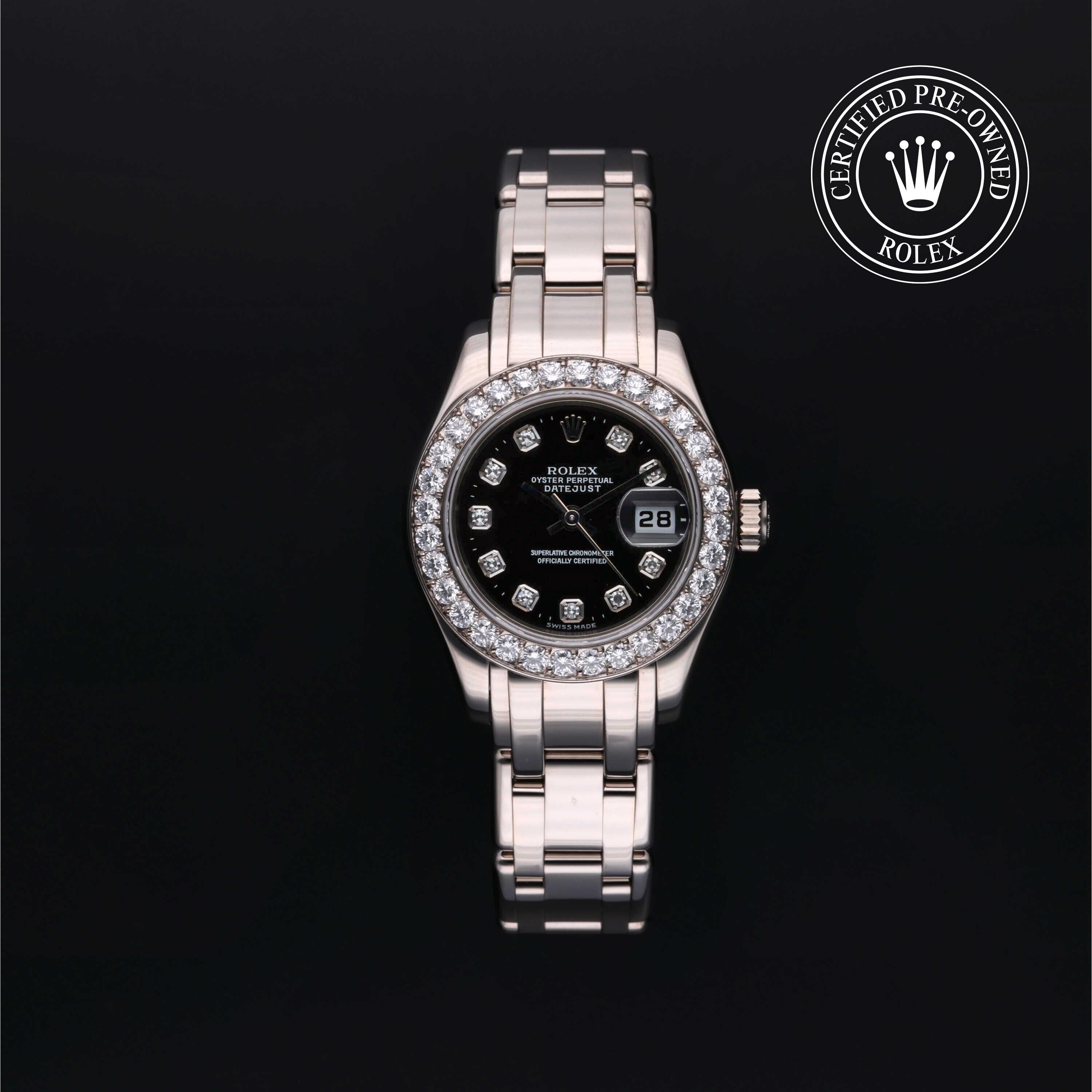 Rolex CPO Pearlmaster M80299 front on white background
