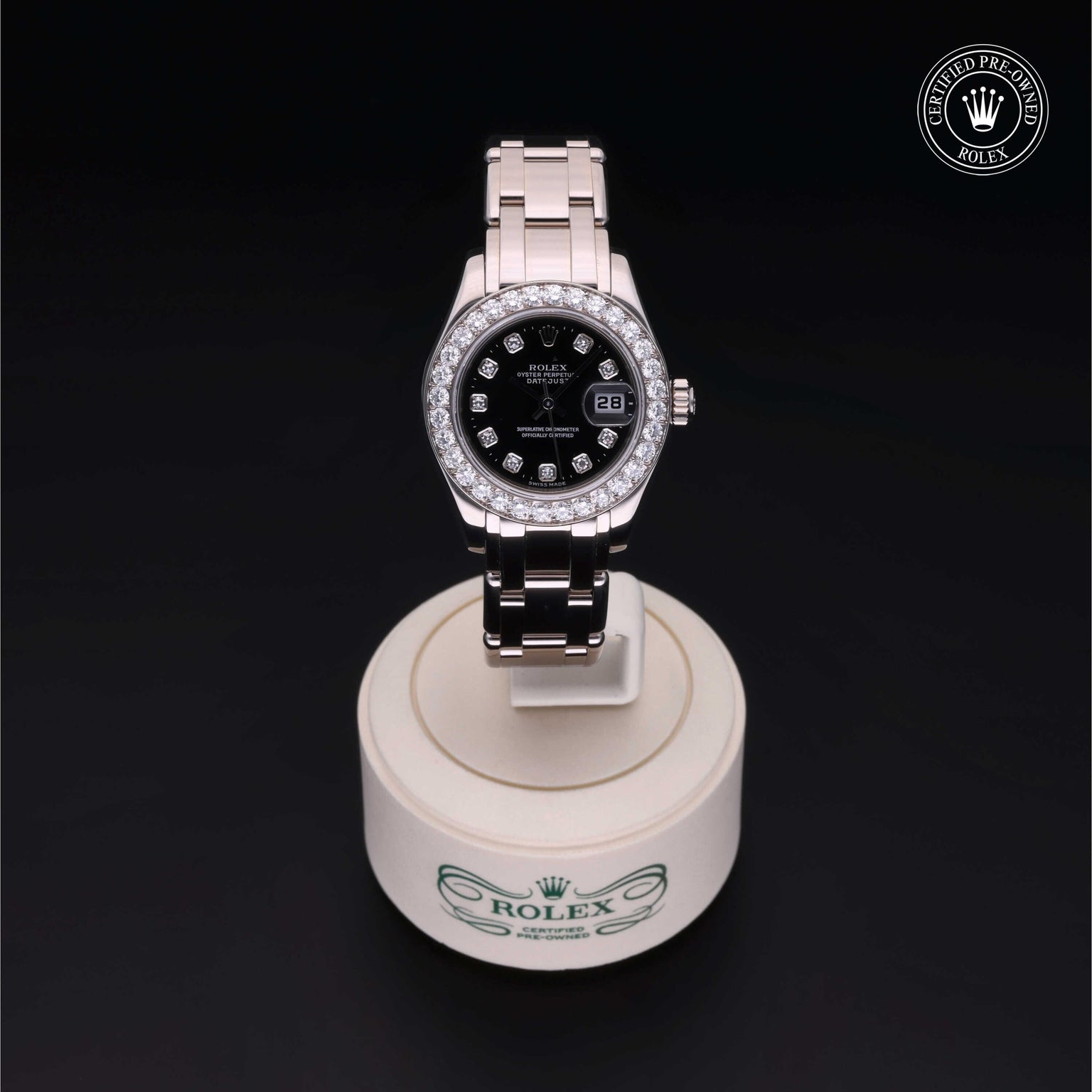 Rolex CPO Pearlmaster M80299 front on white background